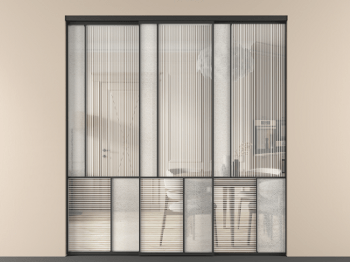 Перегородка Мозаик внутри проёма 3 створки с синхронным механизмом АЛПР 041.20 Алюминий Черный Рифлёное стекло "Дюна", триплекс, 6 мм + Фактурное стекло "Лёд", триплекс. Скрытый короб ЧЕР Цена 441070 ₽ . Фабрика дверей Волховец 8 (800) 551 43 19 Перегородка Мозаик внутри проёма 3 створки с синхронным механизмом АЛПР 041.20 Алюминий Черный Рифлёное стекло "Дюна", триплекс, 6 мм + Фактурное стекло "Лёд", триплекс Цена 441070 ₽ | Volhovec