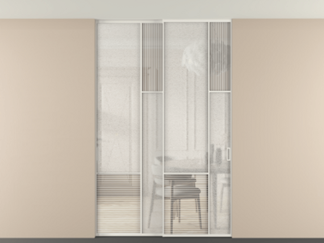 Перегородка Мозаик внутри проёма скрытое крепление в потолок 2 створки АЛПР 041.12 Алюминий Белый Рифлёное стекло "Дюна", триплекс, 6 мм + Фактурное стекло "Лёд", триплекс. Скрытый короб БЕЛ Цена 331020 ₽ . Фабрика дверей Волховец 8 (800) 551 43 19 Перегородка Мозаик внутри проёма скрытое крепление в потолок 2 створки АЛПР 041.12 Алюминий Белый Рифлёное стекло "Дюна", триплекс, 6 мм + Фактурное стекло "Лёд", триплекс Цена 331020 ₽ | Volhovec