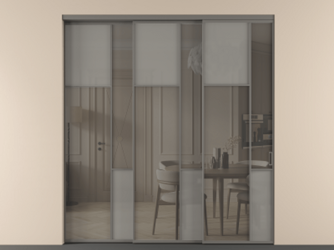 Перегородка Mosaic внутри проёма 3 створки с синхронным механизмом АЛПР 041.10 Алюминий классический серый Сатинированное серое стекло, триплекс, 6 мм + Прозрачное серое стекло, триплекс. Цена 437390 ₽ . Фабрика дверей Волховец 8 (800) 551 43 19 Перегородка Mosaic внутри проёма 3 створки с синхронным механизмом АЛПР 041.10 Алюминий классический серый Сатинированное серое стекло, триплекс, 6 мм + Прозрачное серое стекло, триплекс Цена 437390 ₽ | Volhovec