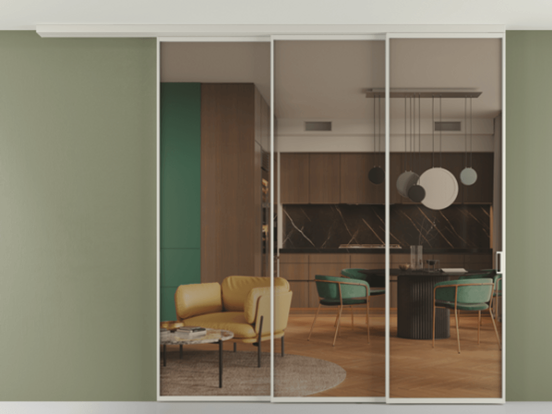 Перегородка Формато вдоль стены на потолок 3 створки с синхронным механизмом АЛПР 040.01 Алюминий тёплый серый Прозрачное бронзовое стекло, триплекс. Цена 382108 ₽ 1. Полотно 2 шт. (800/2100 мм)
2. Комплект установки раздвижной системы
3. Базовый комплект фурнитуры
4.Ручка Рондо. Фабрика дверей Волховец 8 (800) 551 43 19 Перегородка Формато вдоль стены на потолок 3 створки с синхронным механизмом АЛПР 040.01 Алюминий тёплый серый Прозрачное бронзовое стекло, триплекс Цена 382108 ₽ | Volhovec