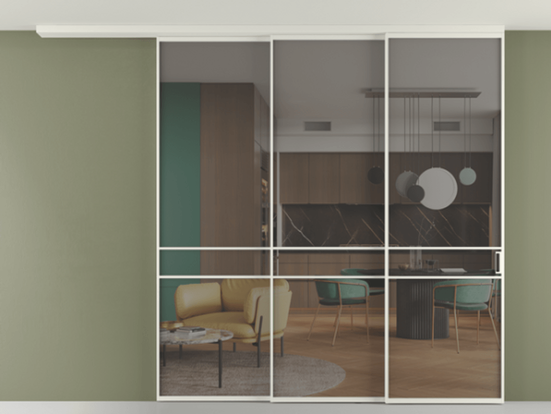 Перегородка Formato вдоль стены на потолок 3 створки с синхронным механизмом АЛПР 040.02 Алюминий Белый Прозрачное серое стекло, триплекс. Скрытый короб БЕЛ Цена 377360 ₽ 1. Полотно 2 шт. (800/2100 мм)
2. Комплект установки раздвижной системы
3. Базовый комплект фурнитуры
4.Ручка RONDO
. Фабрика дверей Волховец 8 (800) 551 43 19 Перегородка Formato вдоль стены на потолок 3 створки с синхронным механизмом АЛПР 040.02 Алюминий Белый Прозрачное серое стекло, триплекс Цена 377360 ₽ | Volhovec