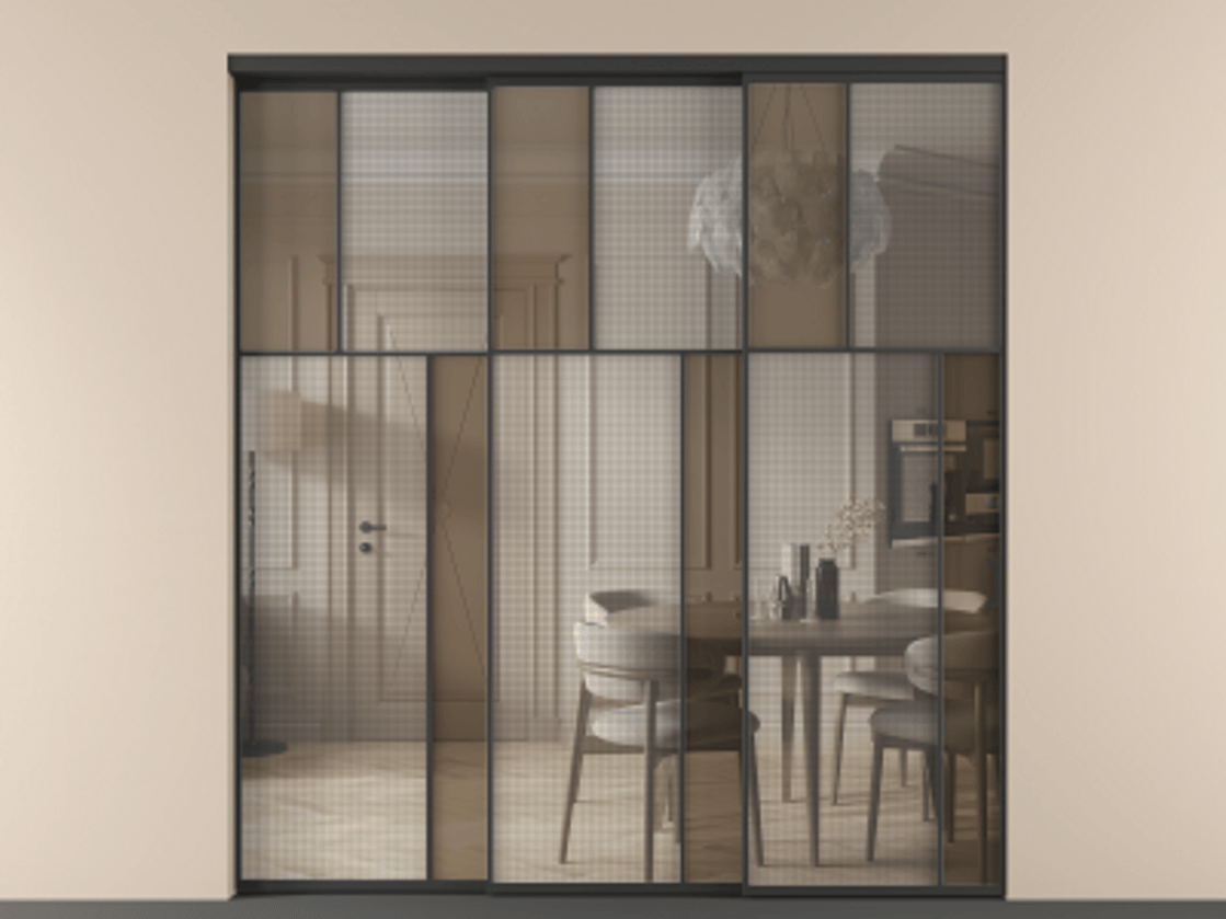 Перегородка Mosaic внутри проёма 3 створки с синхронным механизмом АЛПР 041.23 Алюминий Черный Декоративное стекло с сеткой "Mesh silver", триплекс, 6 мм + Прозрачное бронзовое стекло, триплекс. Скрытый короб ЧЕР Цена 435070 ₽ . Фабрика дверей Волховец 8 (800) 551 43 19 Перегородка Mosaic внутри проёма 3 створки с синхронным механизмом АЛПР 041.23 Алюминий Черный Декоративное стекло с сеткой "Mesh silver", триплекс, 6 мм + Прозрачное бронзовое стекло, триплекс Цена 435070 ₽ | Volhovec