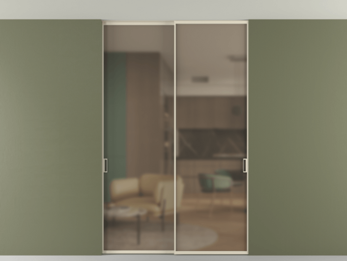 Перегородка Формато внутри проёма скрытое крепление в потолок 2 створки АЛПР 040.01 Алюминий бежево-серый Сатинированное бронзовое стекло, триплекс. Цена 287170 ₽ 1. Полотно 2 шт. (800/2100 мм)
2. Комплект установки раздвижной системы
3. Базовый комплект фурнитуры
4. Ручка Рондо. Фабрика дверей Волховец 8 (800) 551 43 19 Перегородка Формато внутри проёма скрытое крепление в потолок 2 створки АЛПР 040.01 Алюминий бежево-серый Сатинированное бронзовое стекло, триплекс Цена 287170 ₽ | Volhovec