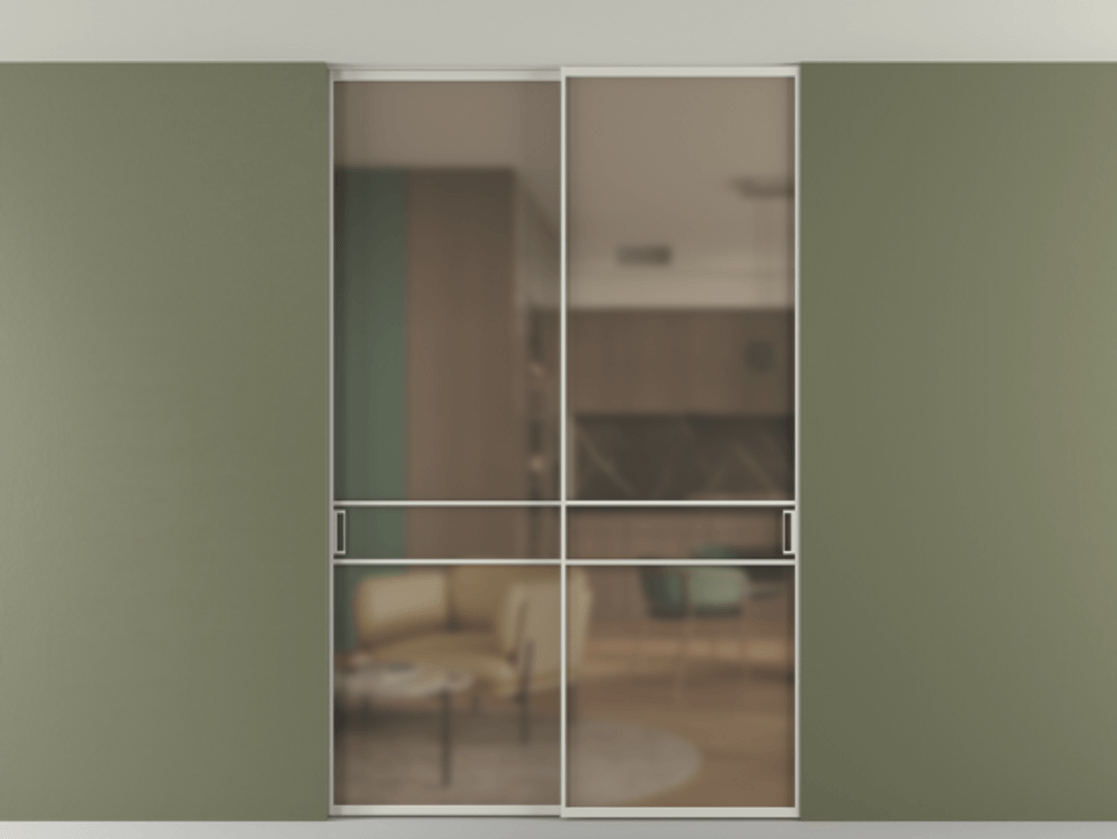 Перегородка Формато внутри проёма скрытое крепление в потолок 2 створки АЛПР 040.02 Алюминий тёплый серый Сатинированное бронзовое стекло, триплекс. Цена 248215 ₽ 1. Полотно 2 шт. (800/2100 мм)
2. Комплект установки раздвижной системы
3. Базовый комплект фурнитуры
4. Ручка Рондо. Фабрика дверей Волховец 8 (800) 551 43 19 Перегородка Формато внутри проёма скрытое крепление в потолок 2 створки АЛПР 040.02 Алюминий тёплый серый Сатинированное бронзовое стекло, триплекс Цена 248215 ₽ | Volhovec