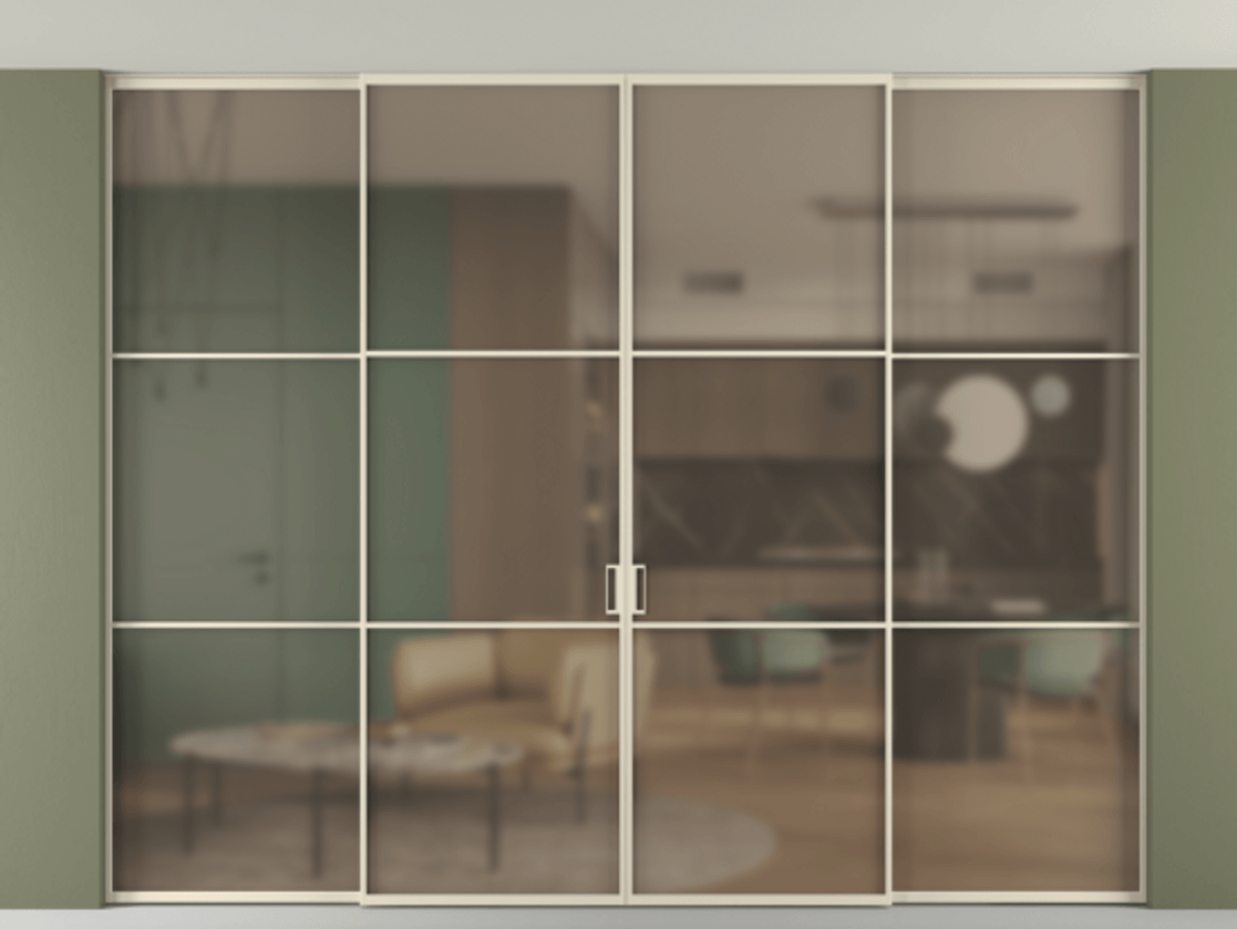 Перегородка Формато внутри проёма скрытое крепление в потолок 4 створки АЛПР 040.03 Алюминий бежево-серый Сатинированное бронзовое стекло, триплекс. Цена 440530 ₽ 1. Полотно 4 шт. (800/2100 мм)
2. Комплект установки раздвижной системы
3. Базовый комплект фурнитуры
4.Ручка Рондо. Фабрика дверей Волховец 8 (800) 551 43 19 Перегородка Формато внутри проёма скрытое крепление в потолок 4 створки АЛПР 040.03 Алюминий бежево-серый Сатинированное бронзовое стекло, триплекс Цена 440530 ₽ | Volhovec