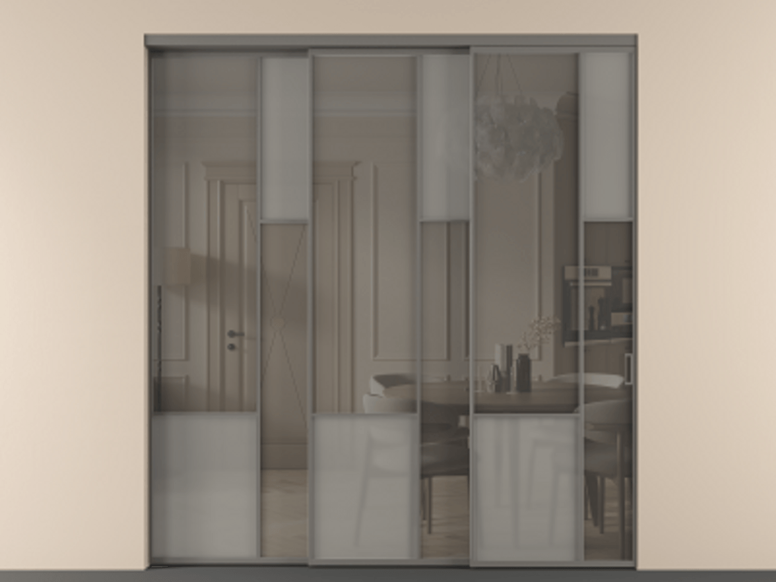 Перегородка Мозаик внутри проёма 3 створки с синхронным механизмом АЛПР 041.12 Алюминий классический серый Сатинированное серое стекло, триплекс, 6 мм + Прозрачное серое стекло, триплекс. Цена 437390 ₽ . Фабрика дверей Волховец 8 (800) 551 43 19 Перегородка Мозаик внутри проёма 3 створки с синхронным механизмом АЛПР 041.12 Алюминий классический серый Сатинированное серое стекло, триплекс, 6 мм + Прозрачное серое стекло, триплекс Цена 437390 ₽ | Volhovec