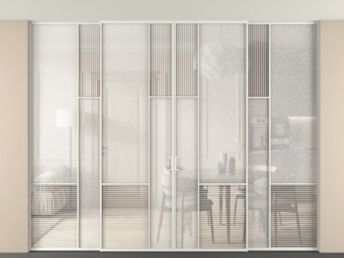 Перегородка Mosaic внутри проёма четырёхстворчатая со скрытым креплением в потолок АЛПР 041.13 Алюминий Белый Рифлёное стекло "Дюна", триплекс, 6 мм + Фактурное стекло "Лёд", триплекс. Скрытый короб БЕЛ Цена 606140 ₽ . Фабрика дверей Волховец 8 (800) 551 43 19 Перегородка Mosaic внутри проёма четырёхстворчатая со скрытым креплением в потолок АЛПР 041.13 Алюминий Белый Рифлёное стекло "Дюна", триплекс, 6 мм + Фактурное стекло "Лёд", триплекс Цена 606140 ₽ | Volhovec