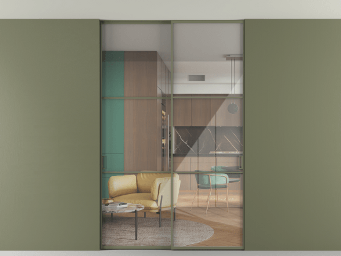 Перегородка Формато внутри проёма скрытое крепление в потолок 2 створки АЛПР 040.03 Алюминий оливковый тёмный Рефлективное прозрачное стекло "Стопсол", калёное. Цена 305520 ₽ 1. Полотно 2 шт. (800/2100 мм)
2. Комплект установки раздвижной системы
3. Базовый комплект фурнитуры
4. Ручка Рондо. Фабрика дверей Волховец 8 (800) 551 43 19 Перегородка Формато внутри проёма скрытое крепление в потолок 2 створки АЛПР 040.03 Алюминий оливковый тёмный Рефлективное прозрачное стекло "Стопсол", калёное Цена 305520 ₽ | Volhovec