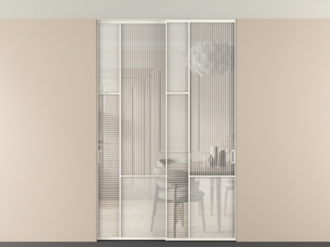 Перегородка Мозаик внутри проёма скрытое крепление в потолок 2 створки АЛПР 041.13 Алюминий пудровый белый Рифлёное стекло "Дюна", триплекс, 6 мм + Фактурное стекло "Лёд", триплекс. Цена 340580 ₽ . Фабрика дверей Волховец 8 (800) 551 43 19 Перегородка Мозаик внутри проёма скрытое крепление в потолок 2 створки АЛПР 041.13 Алюминий пудровый белый Рифлёное стекло "Дюна", триплекс, 6 мм + Фактурное стекло "Лёд", триплекс Цена 340580 ₽ | Volhovec