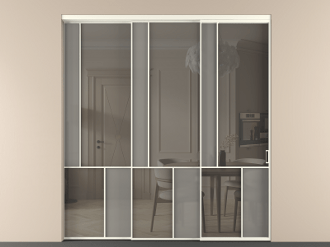 Перегородка Мозаик внутри проёма 3 створки с синхронным механизмом АЛПР 041.20 Алюминий жемчужный Сатинированное серое стекло, триплекс, 6 мм + Прозрачное серое стекло, триплекс. Цена 437390 ₽ . Фабрика дверей Волховец 8 (800) 551 43 19 Перегородка Мозаик внутри проёма 3 створки с синхронным механизмом АЛПР 041.20 Алюминий жемчужный Сатинированное серое стекло, триплекс, 6 мм + Прозрачное серое стекло, триплекс Цена 437390 ₽ | Volhovec