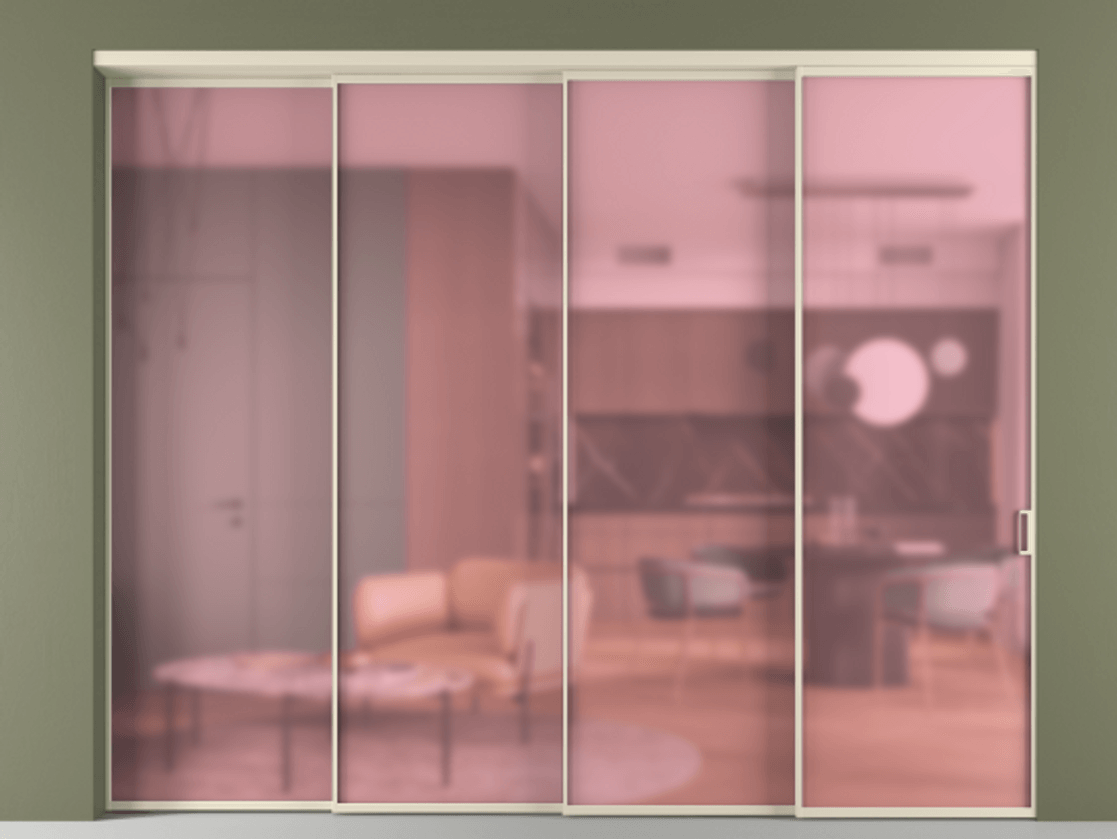 Перегородка Формато внутри проёма 4 створки с синхронным механизмом АЛПР 040.01 Алюминий бежево-серый Сатинированное розовое стекло, триплекс. Цена 432500 ₽ 1. Полотно 4 шт. (800/2100 мм)
2. Комплект установки раздвижной системы
3. Базовый комплект фурнитуры
4. Комплект фурнитуры телескопик синхро-3
5. Ручка RONDO
. Фабрика дверей Волховец 8 (800) 551 43 19 Перегородка Формато внутри проёма 4 створки с синхронным механизмом АЛПР 040.01 Алюминий бежево-серый Сатинированное розовое стекло, триплекс Цена 432500 ₽ | Volhovec