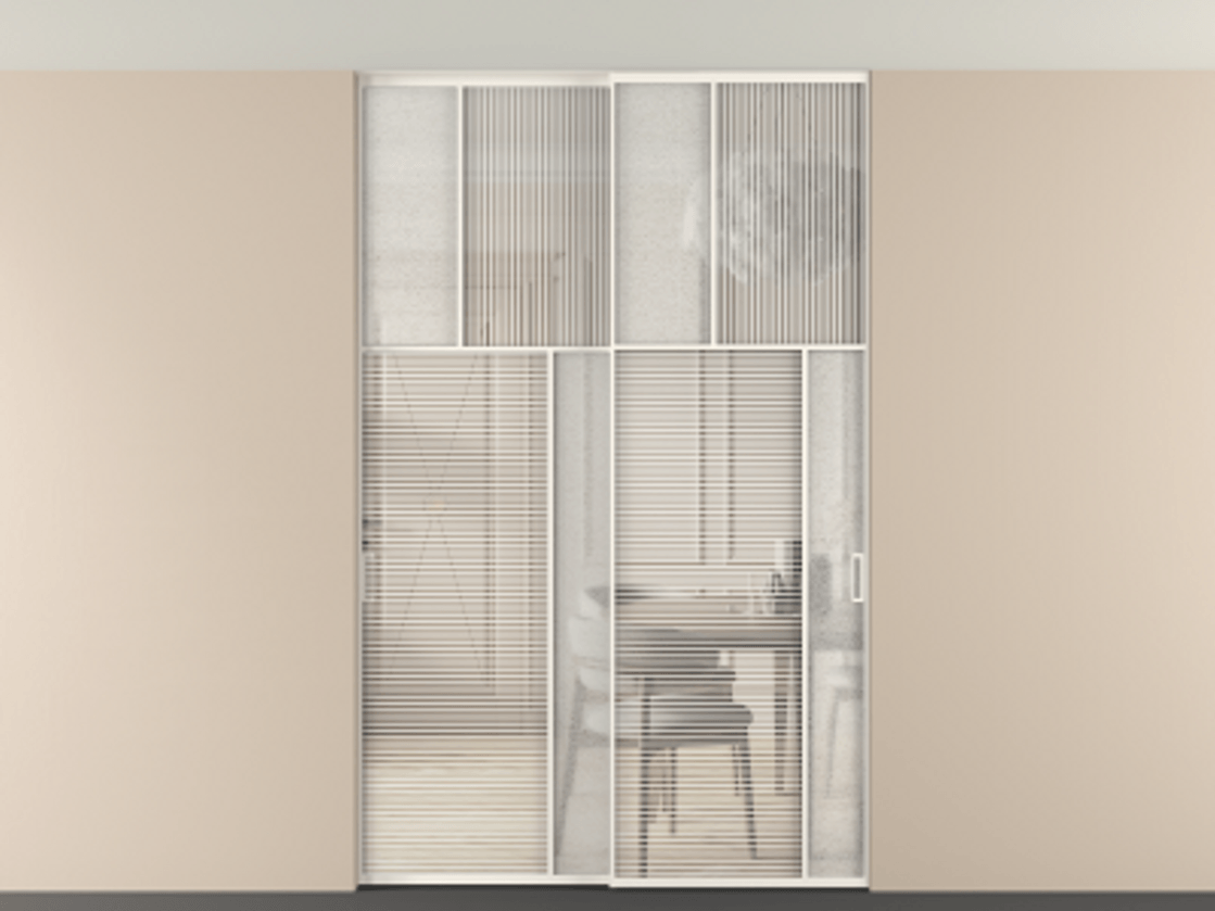 Перегородка Мозаик внутри проёма скрытое крепление в потолок 2 створки АЛПР 041.23 Алюминий пудровый белый Рифлёное стекло "Дюна", триплекс, 6 мм + Фактурное стекло "Лёд", триплекс. Цена 340580 ₽ . Фабрика дверей Волховец 8 (800) 551 43 19 Перегородка Мозаик внутри проёма скрытое крепление в потолок 2 створки АЛПР 041.23 Алюминий пудровый белый Рифлёное стекло "Дюна", триплекс, 6 мм + Фактурное стекло "Лёд", триплекс Цена 340580 ₽ | Volhovec