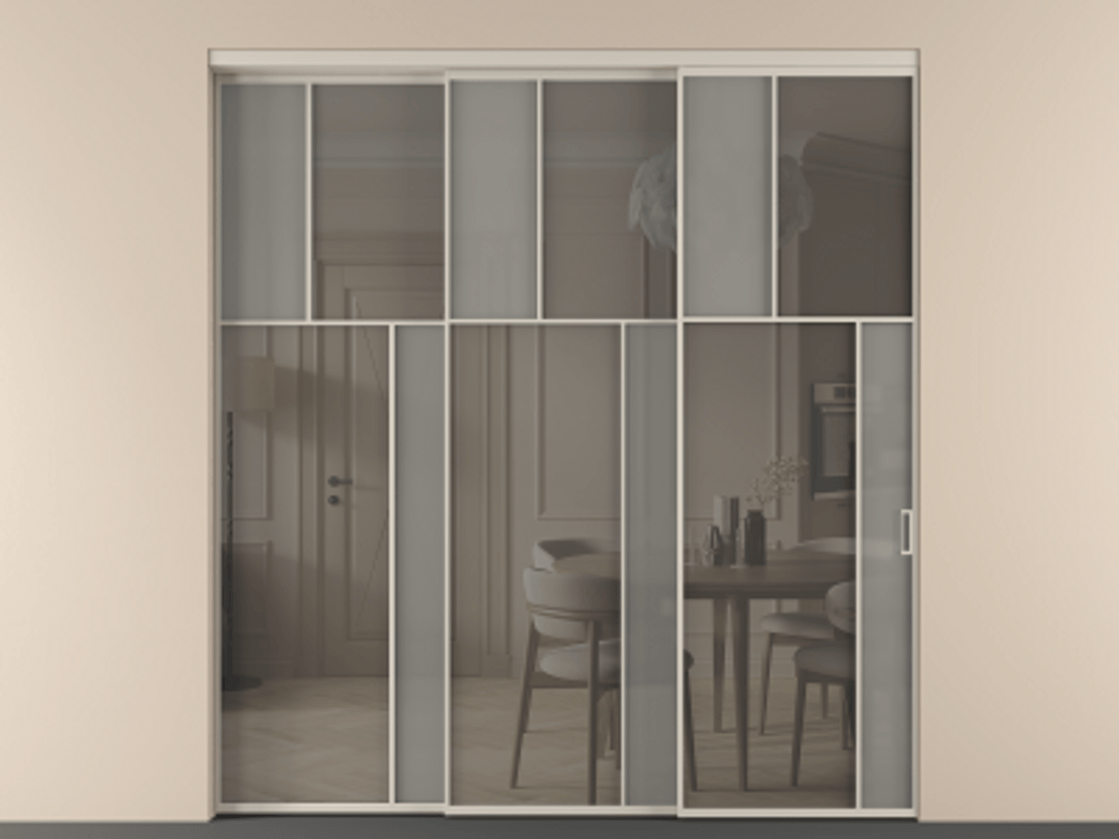 Перегородка Мозаик внутри проёма 3 створки с синхронным механизмом АЛПР 041.23 Алюминий светло-бежевый Сатинированное серое стекло, триплекс, 6 мм + Прозрачное серое стекло, триплекс. Цена 437390 ₽ . Фабрика дверей Волховец 8 (800) 551 43 19 Перегородка Мозаик внутри проёма 3 створки с синхронным механизмом АЛПР 041.23 Алюминий светло-бежевый Сатинированное серое стекло, триплекс, 6 мм + Прозрачное серое стекло, триплекс Цена 437390 ₽ | Volhovec