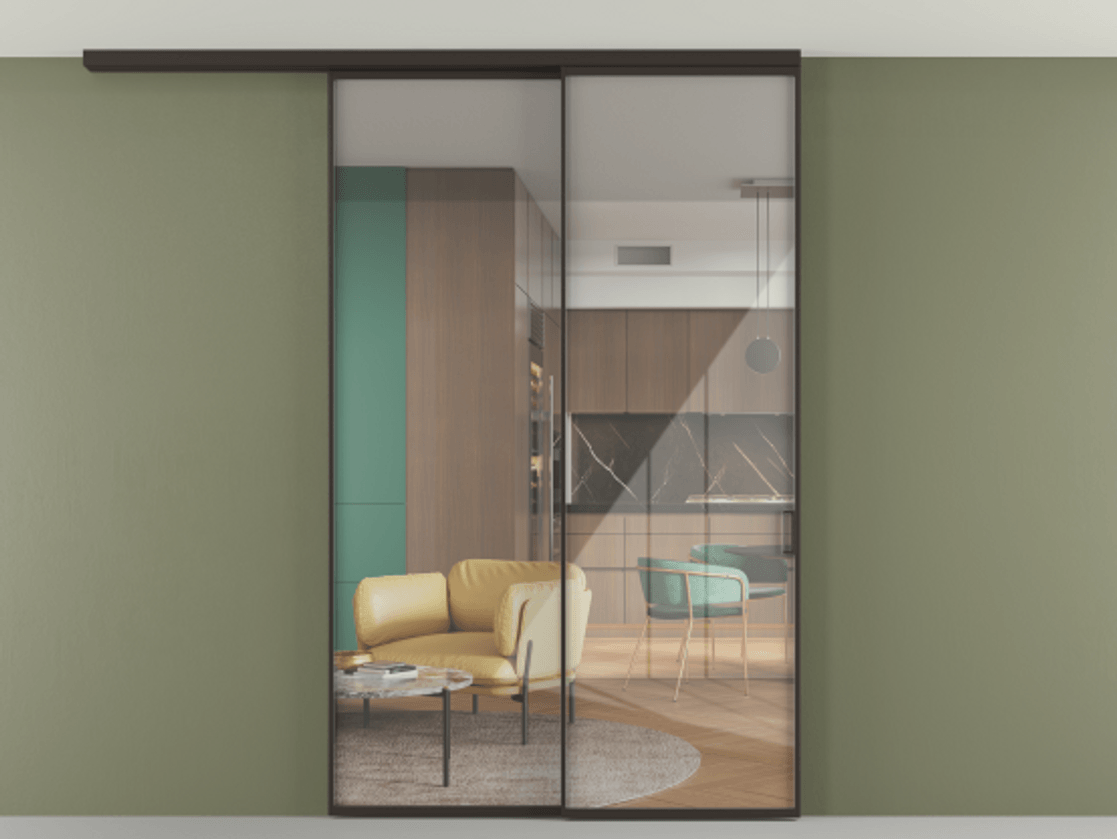 Перегородка Формато вдоль стены на потолок 2 створки с синхронным механизмом АЛПР 040.01 Алюминий антрацит Рефлективное прозрачное стекло "Стопсол", калёное. Цена 281272 ₽ 1. Полотно 2 шт. (800/2100 мм)
2. Комплект установки раздвижной системы
3. Базовый комплект фурнитуры
4.Ручка Рондо. Фабрика дверей Волховец 8 (800) 551 43 19 Перегородка Формато вдоль стены на потолок 2 створки с синхронным механизмом АЛПР 040.01 Алюминий антрацит Рефлективное прозрачное стекло "Стопсол", калёное Цена 281272 ₽ | Volhovec