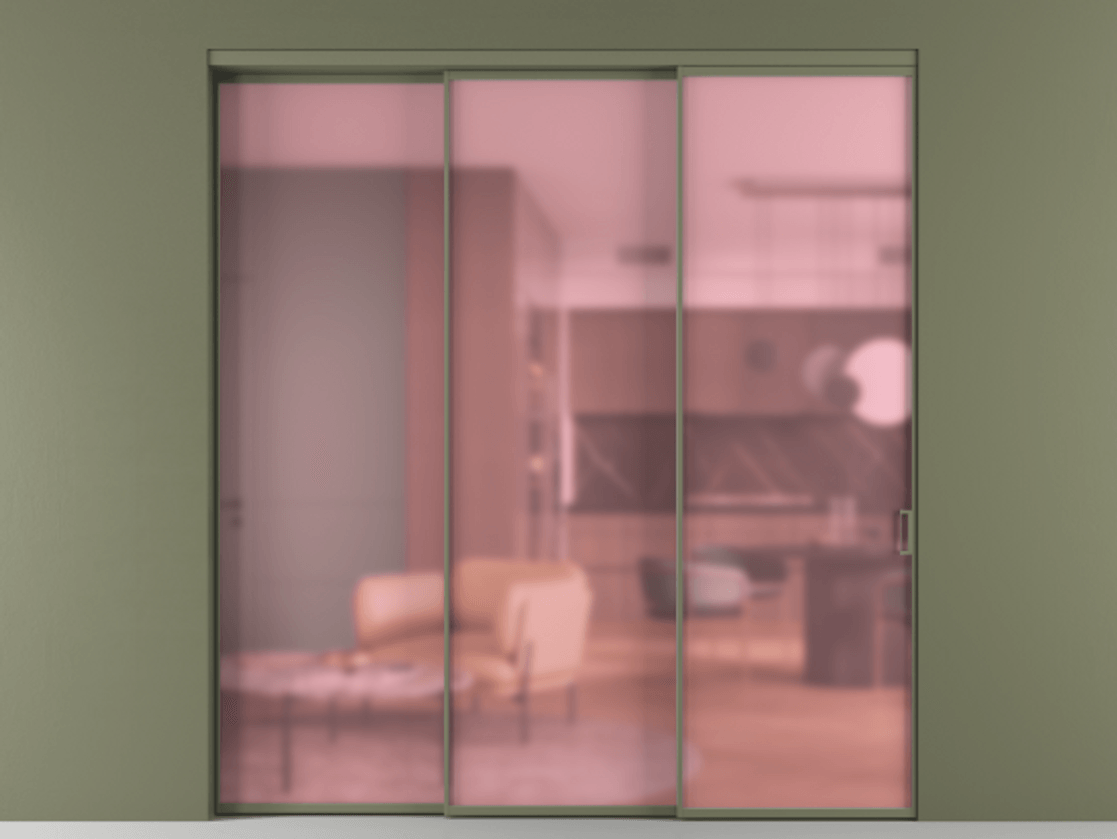 Перегородка Formato внутри проёма 3 створки с синхронным механизмом АЛПР 040.01 Алюминий оливковый тёмный Сатинированное розовое стекло, триплекс. Цена 331580 ₽ 1. Полотно 3 шт. (800/2100 мм)
2. Комплект установки раздвижной системы
3. Базовый комплект фурнитуры
4. Комплект фурнитуры телескопик синхро-2
5.Ручка RONDO
. Фабрика дверей Волховец 8 (800) 551 43 19 Перегородка Formato внутри проёма 3 створки с синхронным механизмом АЛПР 040.01 Алюминий оливковый тёмный Сатинированное розовое стекло, триплекс Цена 331580 ₽ | Volhovec