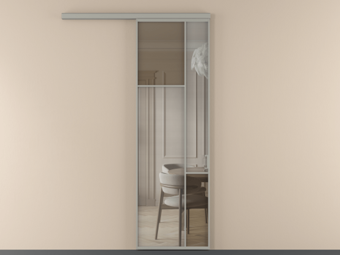 Перегородка Mosaic вдоль стены 1 створка АЛПР 041.10 Алюминий нейтральный серый Декоративное стекло с сеткой "Mesh silver", триплекс, 6 мм + Прозрачное бронзовое стекло, триплекс. Цена 143030 ₽ . Фабрика дверей Волховец 8 (800) 551 43 19 Перегородка Mosaic вдоль стены 1 створка АЛПР 041.10 Алюминий нейтральный серый Декоративное стекло с сеткой "Mesh silver", триплекс, 6 мм + Прозрачное бронзовое стекло, триплекс Цена 143030 ₽ | Volhovec