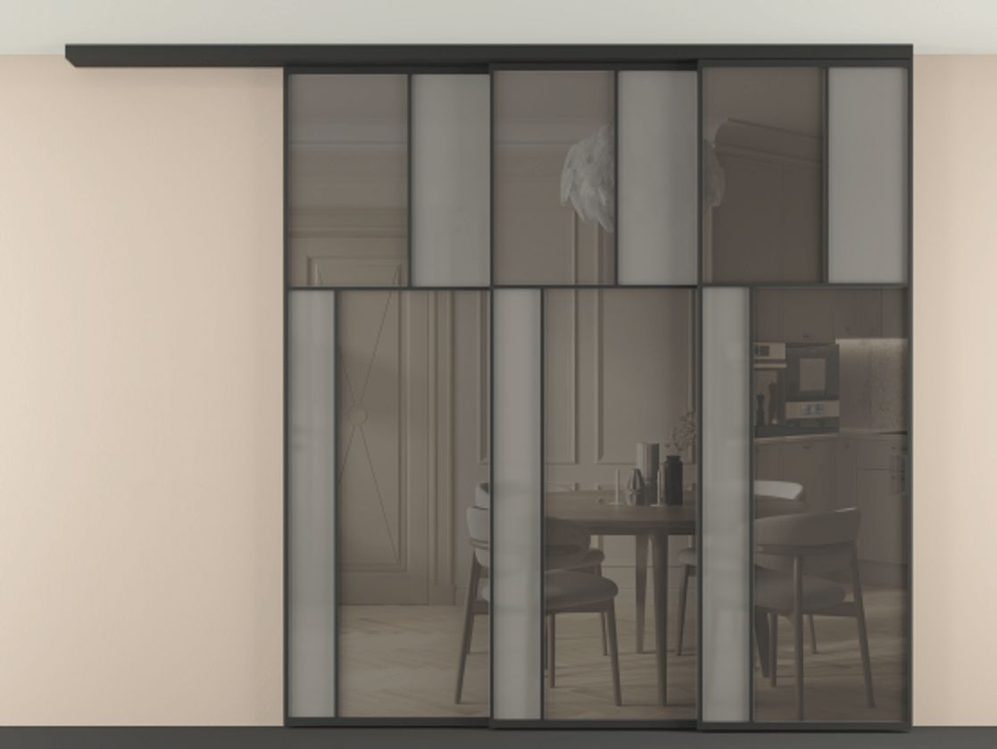 Перегородка Мозаик вдоль стены на потолок 3 створки с синхронным механизмом АЛПР 041.22 Алюминий Черный Сатинированное серое стекло, триплекс, 6 мм + Прозрачное серое стекло, триплекс. Скрытый короб ЧЕР Цена 474680 ₽ . Фабрика дверей Волховец 8 (800) 551 43 19 Перегородка Мозаик вдоль стены на потолок 3 створки с синхронным механизмом АЛПР 041.22 Алюминий Черный Сатинированное серое стекло, триплекс, 6 мм + Прозрачное серое стекло, триплекс Цена 474680 ₽ | Volhovec