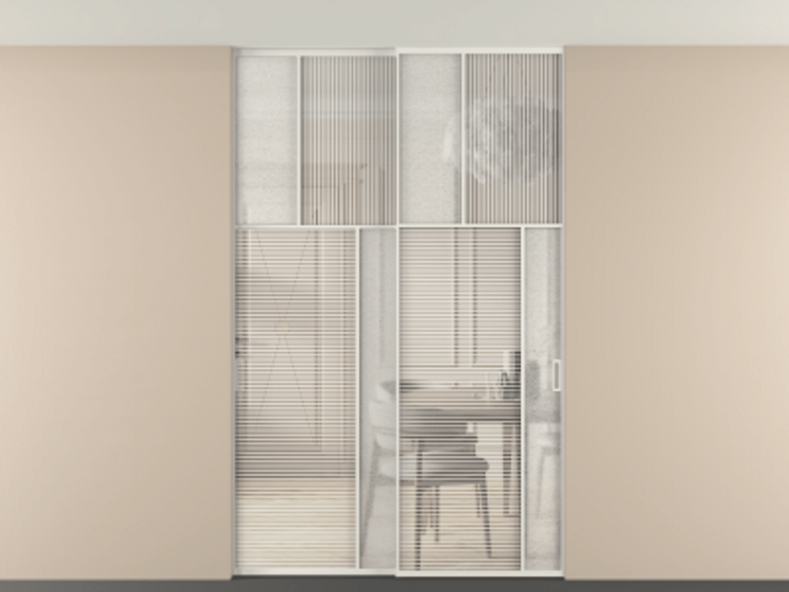 Перегородка Мозаик внутри проёма скрытое крепление в потолок 2 створки АЛПР 041.23 Алюминий Белый Рифлёное стекло "Дюна", триплекс, 6 мм + Фактурное стекло "Лёд", триплекс. Скрытый короб БЕЛ Цена 331020 ₽ . Фабрика дверей Волховец 8 (800) 551 43 19 Перегородка Мозаик внутри проёма скрытое крепление в потолок 2 створки АЛПР 041.23 Алюминий Белый Рифлёное стекло "Дюна", триплекс, 6 мм + Фактурное стекло "Лёд", триплекс Цена 331020 ₽ | Volhovec