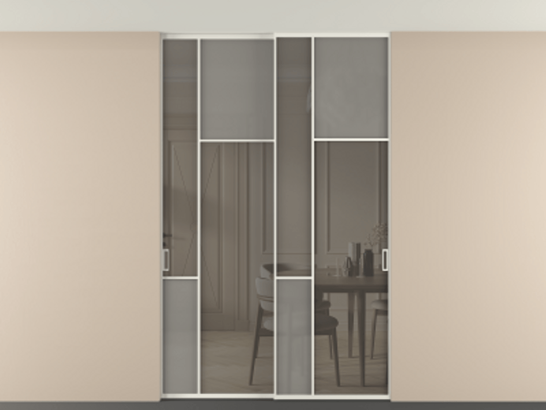 Перегородка Mosaic внутри проёма скрытое крепление в потолок 2 створки АЛПР 041.11 Алюминий Белый Сатинированное серое стекло, триплекс, 6 мм + Прозрачное серое стекло, триплекс. Скрытый короб БЕЛ Цена 315020 ₽ . Фабрика дверей Волховец 8 (800) 551 43 19 Перегородка Mosaic внутри проёма скрытое крепление в потолок 2 створки АЛПР 041.11 Алюминий Белый Сатинированное серое стекло, триплекс, 6 мм + Прозрачное серое стекло, триплекс Цена 315020 ₽ | Volhovec