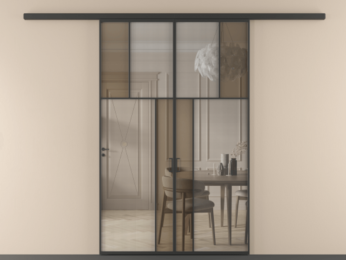 Перегородка Mosaic вдоль стены 2 створки АЛПР 041.22 Алюминий Черный Декоративное стекло с сеткой "Mesh silver", триплекс, 6 мм + Прозрачное бронзовое стекло, триплекс. Скрытый короб ЧЕР Цена 266080 ₽ . Фабрика дверей Волховец 8 (800) 551 43 19 Перегородка Mosaic вдоль стены 2 створки АЛПР 041.22 Алюминий Черный Декоративное стекло с сеткой "Mesh silver", триплекс, 6 мм + Прозрачное бронзовое стекло, триплекс Цена 266080 ₽ | Volhovec