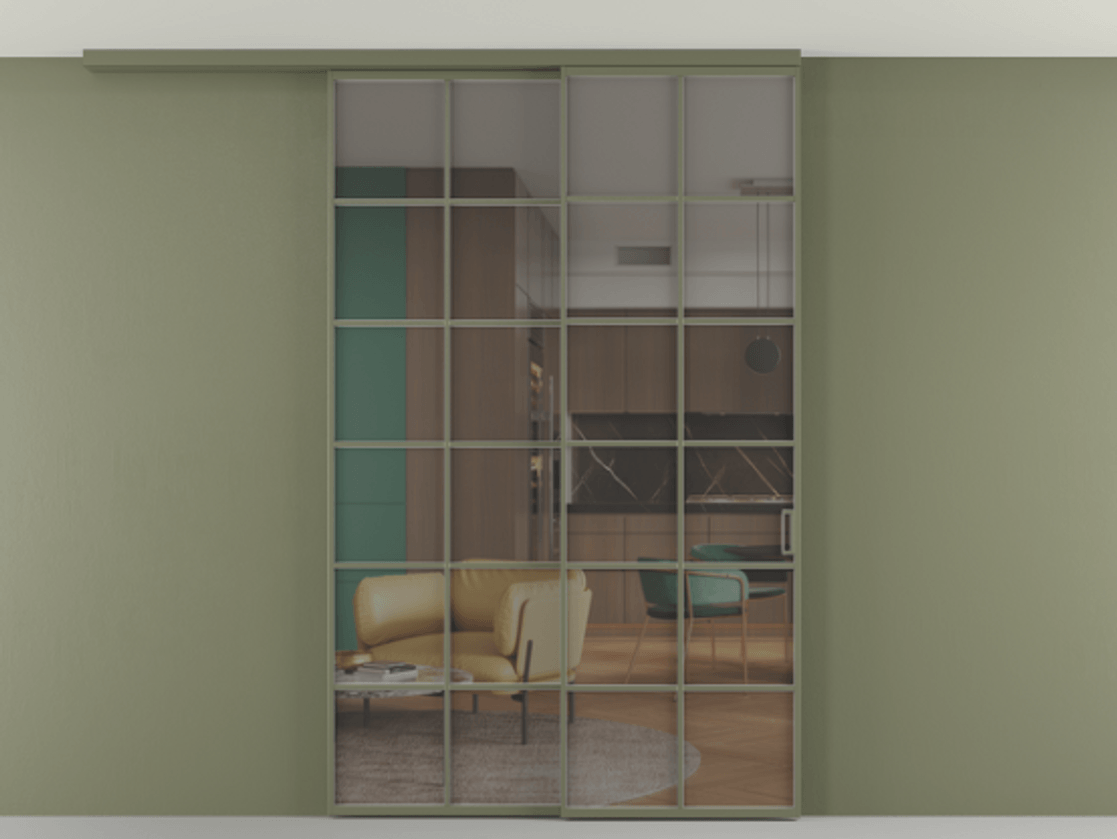 Перегородка Формато вдоль стены на потолок 2 створки с синхронным механизмом АЛПР 040.05 Алюминий оливковый тёмный Прозрачное серое стекло, триплекс. Цена 291704 ₽ 1. Полотно 2 шт. (800/2100 мм)
2. Комплект установки раздвижной системы
3. Базовый комплект фурнитуры
4.Ручка Рондо. Фабрика дверей Волховец 8 (800) 551 43 19 Перегородка Формато вдоль стены на потолок 2 створки с синхронным механизмом АЛПР 040.05 Алюминий оливковый тёмный Прозрачное серое стекло, триплекс Цена 291704 ₽ | Volhovec