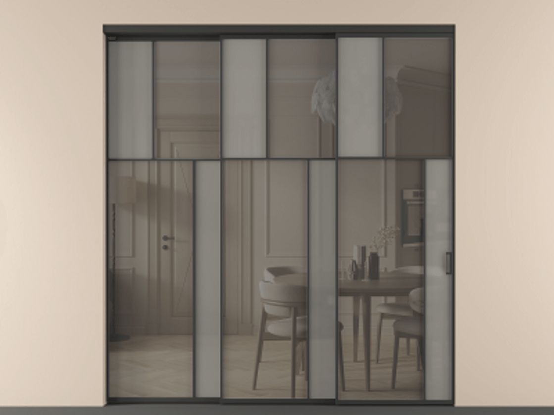 Перегородка Мозаик внутри проёма 3 створки с синхронным механизмом АЛПР 041.23 Алюминий Черный Сатинированное серое стекло, триплекс, 6 мм + Прозрачное серое стекло, триплекс. Скрытый короб ЧЕР Цена 417070 ₽ . Фабрика дверей Волховец 8 (800) 551 43 19 Перегородка Мозаик внутри проёма 3 створки с синхронным механизмом АЛПР 041.23 Алюминий Черный Сатинированное серое стекло, триплекс, 6 мм + Прозрачное серое стекло, триплекс Цена 417070 ₽ | Volhovec