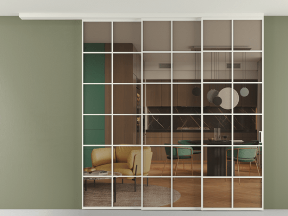 Перегородка Формато вдоль стены на потолок 3 створки с синхронным механизмом АЛПР 040.05 Алюминий Белый Прозрачное бронзовое стекло, триплекс. Скрытый короб БЕЛ Цена 383878 ₽ 1. Полотно 2 шт. (800/2100 мм)
2. Комплект установки раздвижной системы
3. Базовый комплект фурнитуры
4.Ручка Рондо. Фабрика дверей Волховец 8 (800) 551 43 19 Перегородка Формато вдоль стены на потолок 3 створки с синхронным механизмом АЛПР 040.05 Алюминий Белый Прозрачное бронзовое стекло, триплекс Цена 383878 ₽ | Volhovec