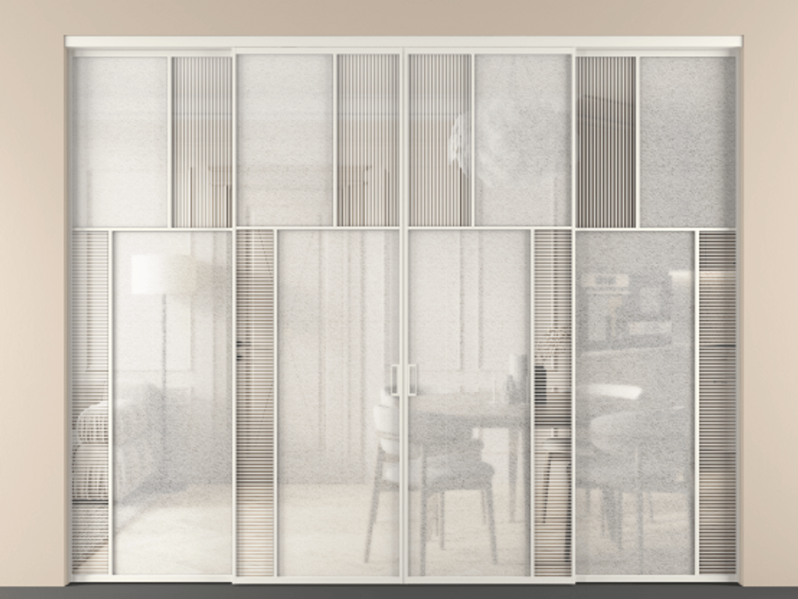 Перегородка Mosaic внутри проёма четырёхстворчатая АЛПР 041.23 Алюминий Белый Рифлёное стекло "Дюна", триплекс, 6 мм + Фактурное стекло "Лёд", триплекс, 6 мм. Скрытый короб БЕЛ Цена 448720 ₽ . Фабрика дверей Волховец 8 (800) 551 43 19 Перегородка Mosaic внутри проёма четырёхстворчатая АЛПР 041.23 Алюминий Белый Рифлёное стекло "Дюна", триплекс, 6 мм + Фактурное стекло "Лёд", триплекс, 6 мм Цена 448720 ₽ | Volhovec