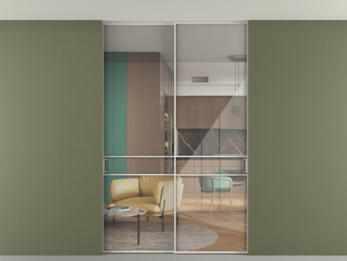 Перегородка Формато внутри проёма скрытое крепление в потолок 2 створки АЛПР 040.02 Алюминий Белый Рефлективное прозрачное стекло "Стопсол", калёное. Скрытый короб БЕЛ Цена 297600 ₽ 1. Полотно 2 шт. (800/2100 мм)
2. Комплект установки раздвижной системы
3. Базовый комплект фурнитуры
4. Ручка Рондо. Фабрика дверей Волховец 8 (800) 551 43 19 Перегородка Формато внутри проёма скрытое крепление в потолок 2 створки АЛПР 040.02 Алюминий Белый Рефлективное прозрачное стекло "Стопсол", калёное Цена 297600 ₽ | Volhovec