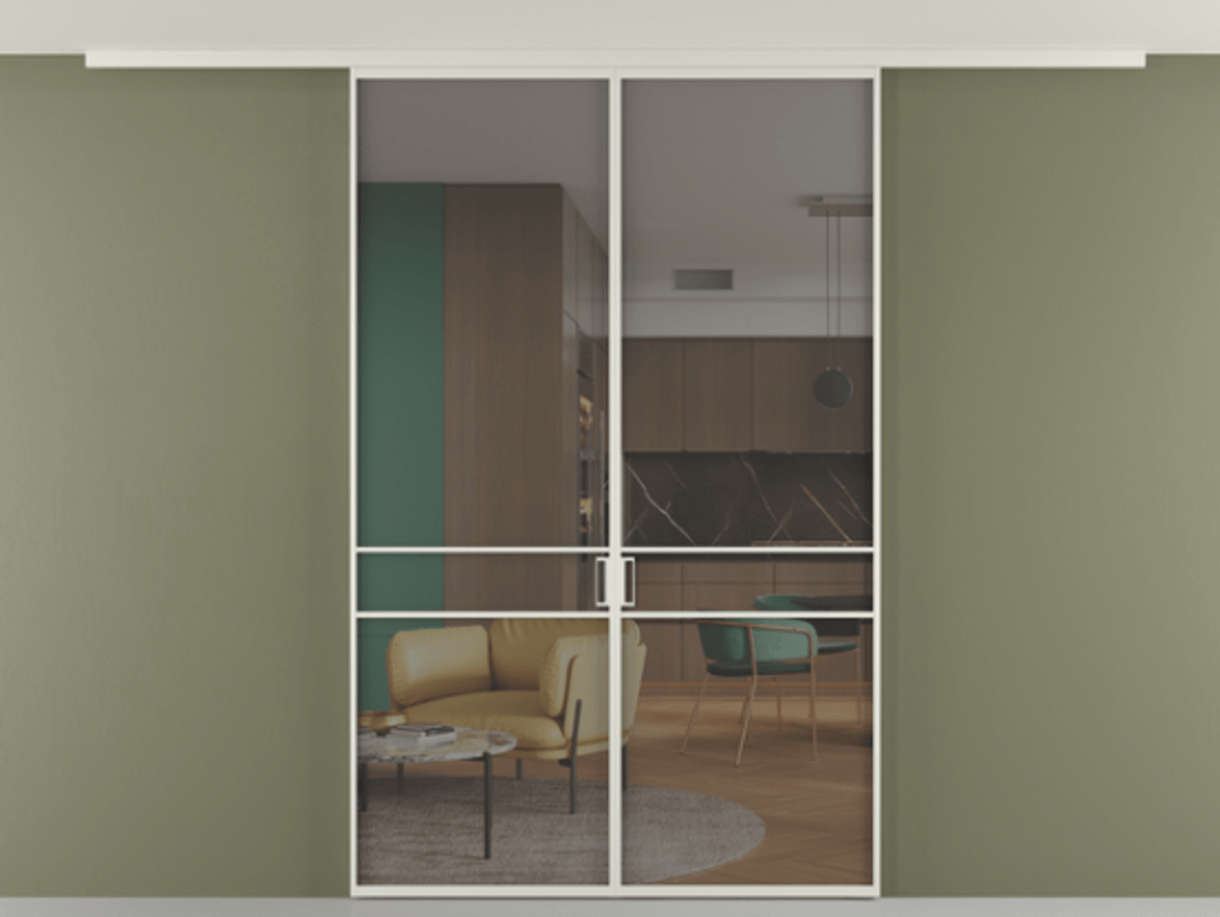 Перегородка Formato вдоль стены на потолок двустворчатая АЛПР 040.02 Алюминий Белый Прозрачное серое стекло, триплекс, 6 мм. Скрытый короб БЕЛ Цена 300340 сом 1. Полотно 2 шт.  (800/2100 мм)
2. Комплект установки раздвижной системы
3. Базовый комплект фурнитуры
4.Ручка RONDO
. Фабрика дверей Волховец 8 (800) 551 43 19  Перегородка Formato вдоль стены на потолок двустворчатая АЛПР 040.02 Алюминий Белый Прозрачное серое стекло, триплекс, 6 мм Цена 300340 сом | Volhovec