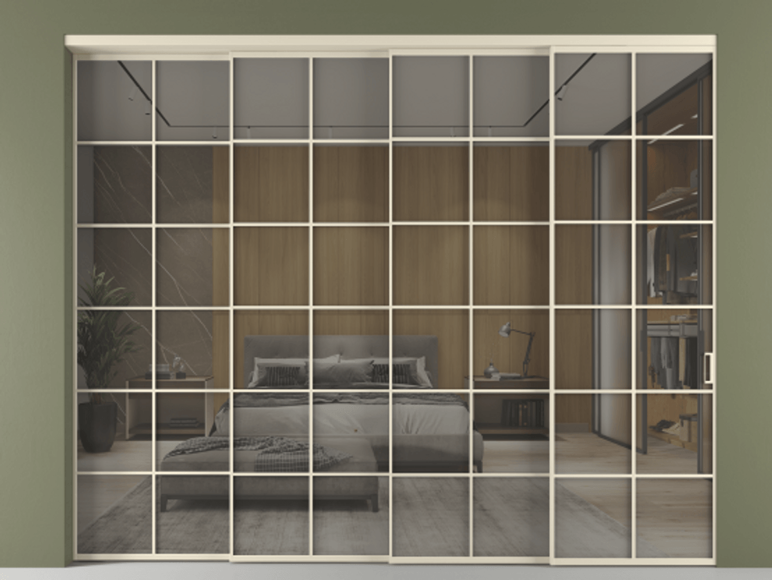 Перегородка Формато внутри проёма 4 створки с синхронным механизмом АЛПР 040.05 Алюминий бежево-серый Рефлективное серое стекло "Стопсол", калёное. Цена 514280 ₽ 1. Полотно 4 шт. (800/2100 мм)
2. Комплект установки раздвижной системы
3. Базовый комплект фурнитуры
4. Комплект фурнитуры телескопик синхро-3
5. Ручка Рондо. Фабрика дверей Волховец 8 (800) 551 43 19 Перегородка Формато внутри проёма 4 створки с синхронным механизмом АЛПР 040.05 Алюминий бежево-серый Рефлективное серое стекло "Стопсол", калёное Цена 514280 ₽ | Volhovec