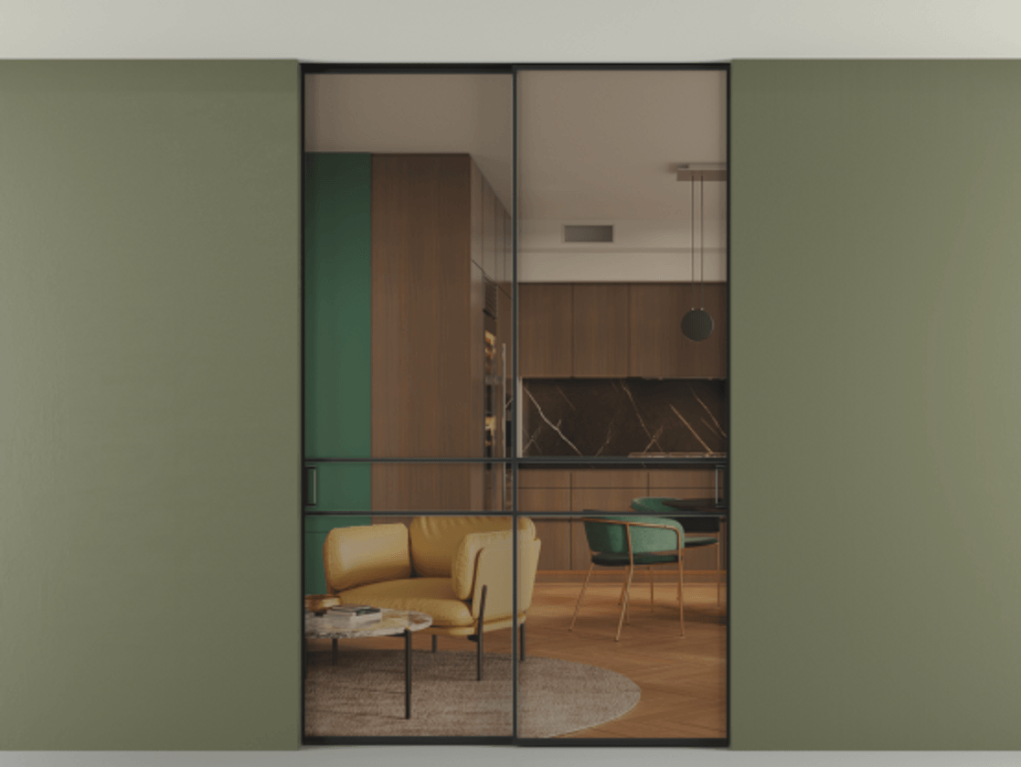 Перегородка Formato внутри проёма двустворчатая со скрытым креплением в потолок АЛПР 040.02 Алюминий Черный Прозрачное бронзовое стекло, триплекс, 6 мм. Скрытый короб ЧЕР Цена 265380 ₽ 1. Полотно 2 шт. (800/2100 мм)
 2. Комплект установки раздвижной системы
 3. Базовый комплект фурнитуры
4. Ручка RONDO. Фабрика дверей Волховец 8 (800) 551 43 19  Перегородка Formato внутри проёма двустворчатая со скрытым креплением в потолок АЛПР 040.02 Алюминий Черный Прозрачное бронзовое стекло, триплекс, 6 мм Цена 265380 ₽ | Volhovec