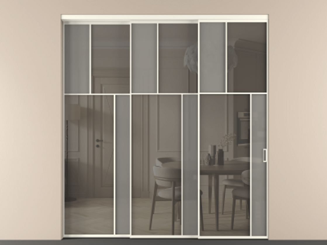 Перегородка Mosaic внутри проёма 3 створки с синхронным механизмом АЛПР 041.23 Алюминий жемчужный Сатинированное серое стекло, триплекс, 6 мм + Прозрачное серое стекло, триплекс. Цена 437390 ₽ . Фабрика дверей Волховец 8 (800) 551 43 19 Перегородка Mosaic внутри проёма 3 створки с синхронным механизмом АЛПР 041.23 Алюминий жемчужный Сатинированное серое стекло, триплекс, 6 мм + Прозрачное серое стекло, триплекс Цена 437390 ₽ | Volhovec