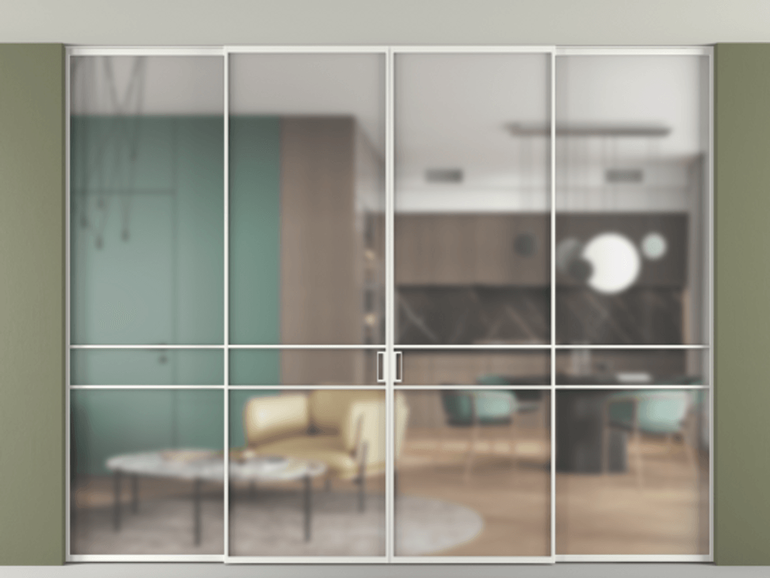 Перегородка Формато внутри проёма скрытое крепление в потолок 4 створки АЛПР 040.02 Алюминий светло-серый Сатинированное стекло "Мателюкс Кристал Вижн", калёное, матовое, каленое 6 мм. Цена 555140 ₽ 1. Полотно 4 шт. (800/2100 мм)
2. Комплект установки раздвижной системы
3. Базовый комплект фурнитуры
4.Ручка Рондо. Фабрика дверей Волховец 8 (800) 551 43 19 Перегородка Формато внутри проёма скрытое крепление в потолок 4 створки АЛПР 040.02 Алюминий светло-серый Сатинированное стекло "Мателюкс Кристал Вижн", калёное, матовое, каленое 6 мм Цена 555140 ₽ | Volhovec