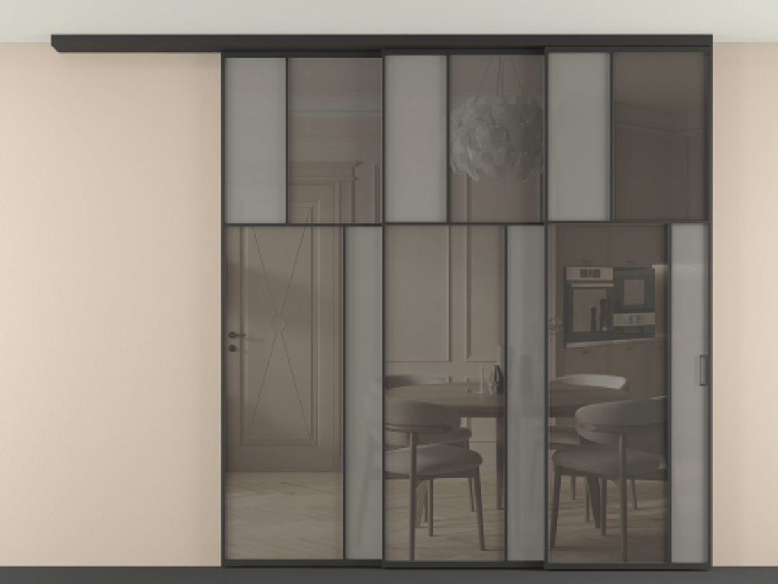 Перегородка Mosaic вдоль стены телескопик синхро 3 АЛПР 041.23 Алюминий Черный Сатинированное серое стекло, триплекс, 6 мм + Прозрачное серое стекло, триплекс, 6 мм. Скрытый короб ЧЕР Цена 447680 ₽ . Фабрика дверей Волховец 8 (800) 551 43 19  Перегородка Mosaic вдоль стены телескопик синхро 3 АЛПР 041.23 Алюминий Черный Сатинированное серое стекло, триплекс, 6 мм + Прозрачное серое стекло, триплекс, 6 мм Цена 447680 ₽ | Volhovec