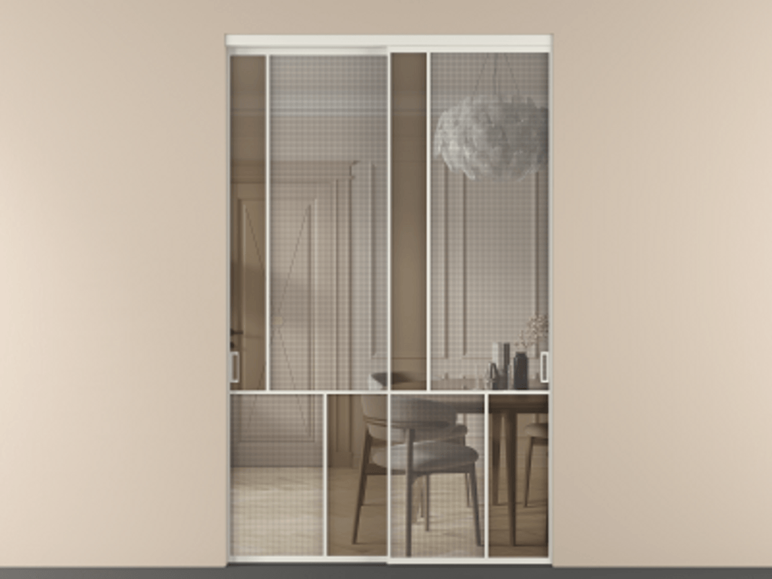 Перегородка Mosaic внутри проёма двустворчатая АЛПР 041.20 Алюминий Белый Декоративное стекло с сеткой "Mesh silver", триплекс, 6 мм + Прозрачное бронзовое стекло, триплекс, 6 мм. Скрытый короб БЕЛ Цена 230160 ₽ . Фабрика дверей Волховец 8 (800) 551 43 19  Перегородка Mosaic внутри проёма двустворчатая АЛПР 041.20 Алюминий Белый Декоративное стекло с сеткой "Mesh silver", триплекс, 6 мм + Прозрачное бронзовое стекло, триплекс, 6 мм Цена 230160 ₽ | Volhovec