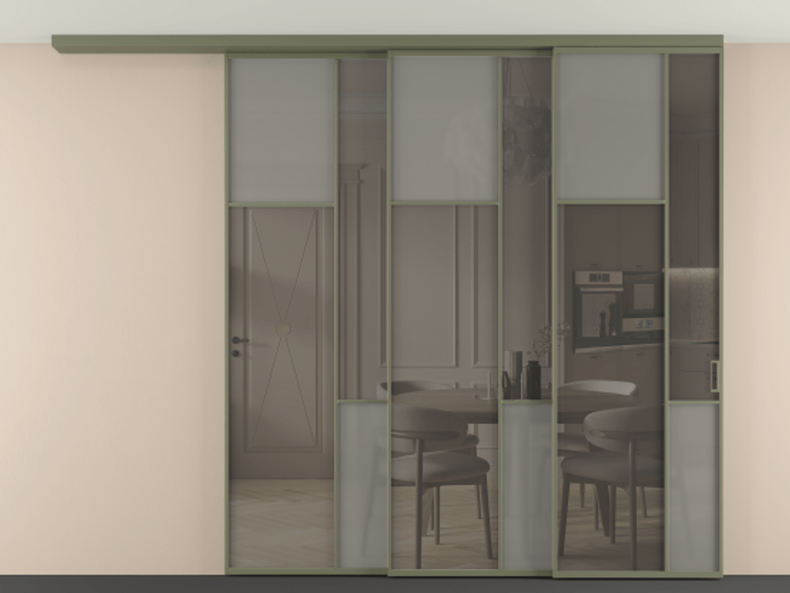 Перегородка Mosaic вдоль стены на потолок 3 створки с синхронным механизмом АЛПР 041.10 Алюминий оливковый тёмный Сатинированное серое стекло, триплекс, 6 мм + Прозрачное серое стекло, триплекс. Цена 101199560 so'm . Фабрика дверей Волховец 8 (800) 551 43 19 Перегородка Mosaic вдоль стены на потолок 3 створки с синхронным механизмом АЛПР 041.10 Алюминий оливковый тёмный Сатинированное серое стекло, триплекс, 6 мм + Прозрачное серое стекло, триплекс Цена 101199560 so'm | Volhovec