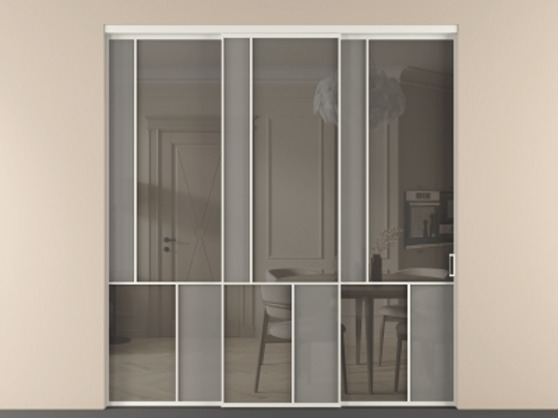 Перегородка Mosaic внутри проёма 3 створки с синхронным механизмом АЛПР 041.20 Алюминий Белый Сатинированное серое стекло, триплекс, 6 мм + Прозрачное серое стекло, триплекс. Скрытый короб БЕЛ Цена 417070 ₽ . Фабрика дверей Волховец 8 (800) 551 43 19 Перегородка Mosaic внутри проёма 3 створки с синхронным механизмом АЛПР 041.20 Алюминий Белый Сатинированное серое стекло, триплекс, 6 мм + Прозрачное серое стекло, триплекс Цена 417070 ₽ | Volhovec