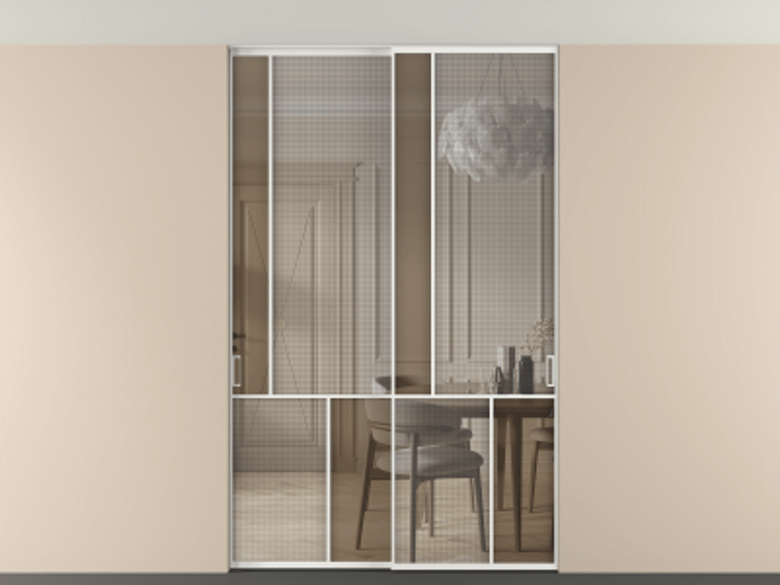 Перегородка Mosaic внутри проёма двустворчатая со скрытым креплением в потолок АЛПР 041.20 Алюминий белоснежный Декоративное стекло с сеткой "Mesh silver", триплекс, 6 мм + Прозрачное бронзовое стекло, триплекс, 6 мм.  Цена 318020 ₽ . Фабрика дверей Волховец 8 (800) 551 43 19  Перегородка Mosaic внутри проёма двустворчатая со скрытым креплением в потолок АЛПР 041.20 Алюминий белоснежный Декоративное стекло с сеткой "Mesh silver", триплекс, 6 мм + Прозрачное бронзовое стекло, триплекс, 6 мм Цена 318020 ₽ | Volhovec