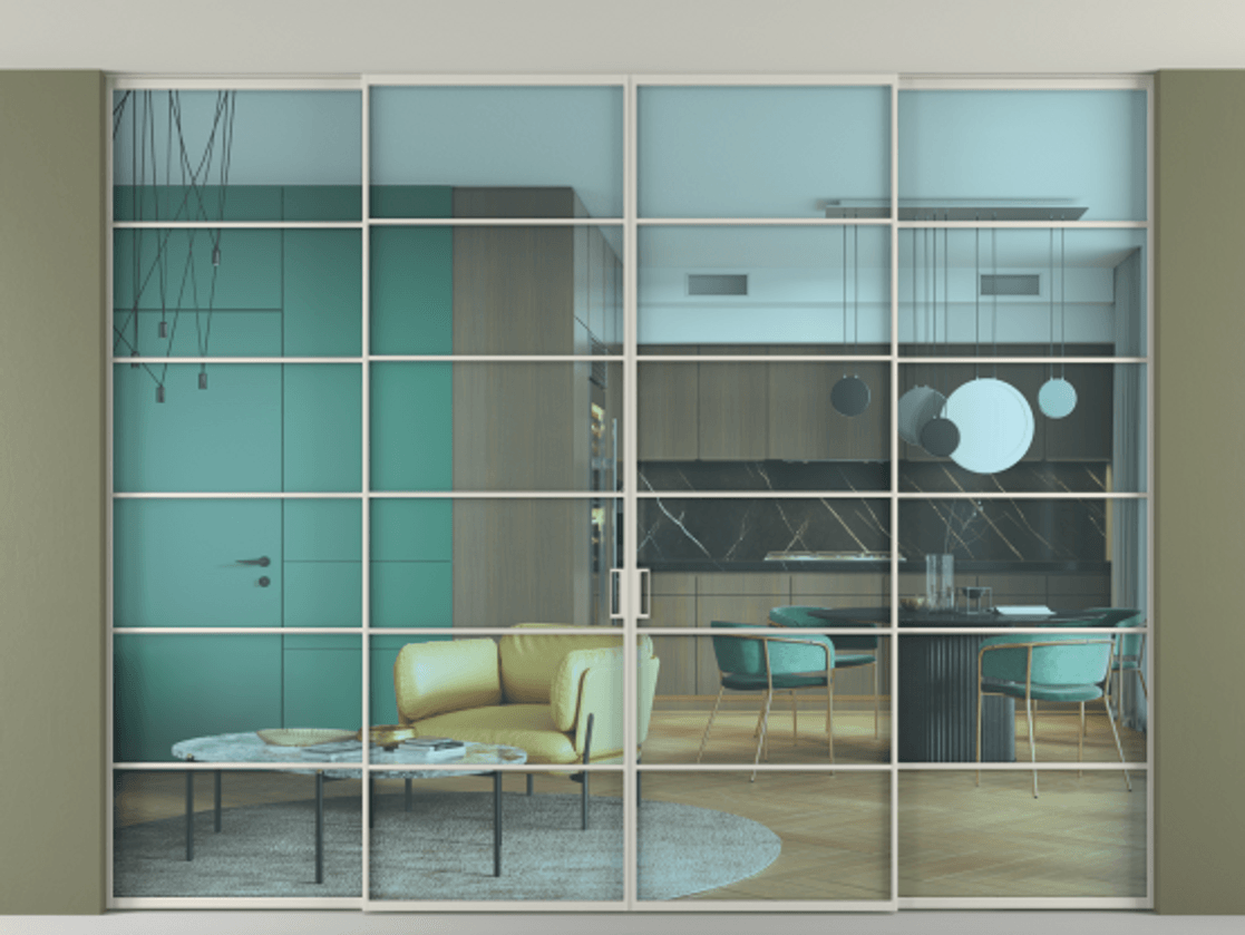 Перегородка Formato внутри проёма скрытое крепление в потолок 4 створки АЛПР 040.04 Алюминий тёплый серый Прозрачное голубое стекло, триплекс. Цена 557460 ₽ 1. Полотно 4 шт. (800/2100 мм)
2. Комплект установки раздвижной системы
3. Базовый комплект фурнитуры
4.Ручка RONDO. Фабрика дверей Волховец 8 (800) 551 43 19 Перегородка Formato внутри проёма скрытое крепление в потолок 4 створки АЛПР 040.04 Алюминий тёплый серый Прозрачное голубое стекло, триплекс Цена 557460 ₽ | Volhovec