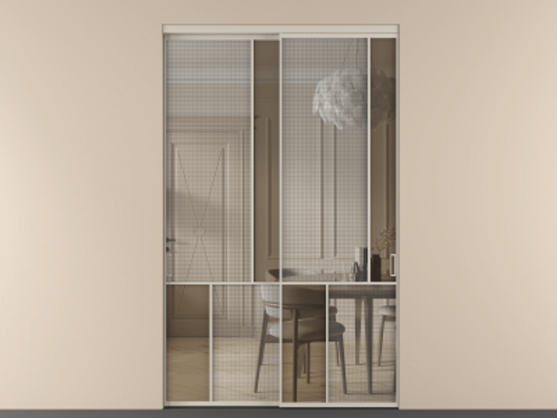 Перегородка Mosaic внутри проёма 2 створки АЛПР 041.21 Алюминий светло-бежевый Декоративное стекло с сеткой "Mesh silver", триплекс, 6 мм + Прозрачное бронзовое стекло, триплекс. Цена 506160 ₽ . Фабрика дверей Волховец 8 (800) 551 43 19 Перегородка Mosaic внутри проёма 2 створки АЛПР 041.21 Алюминий светло-бежевый Декоративное стекло с сеткой "Mesh silver", триплекс, 6 мм + Прозрачное бронзовое стекло, триплекс Цена 506160 ₽ | Volhovec