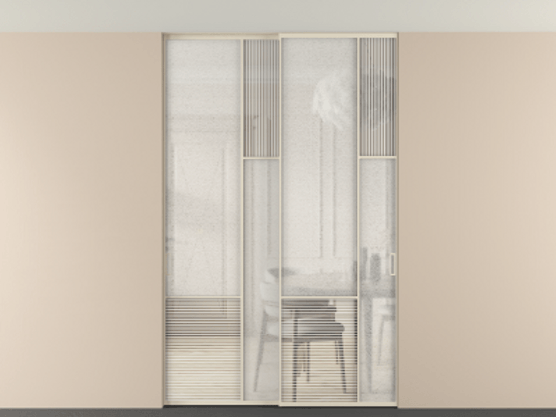 Перегородка Мозаик внутри проёма скрытое крепление в потолок 2 створки АЛПР 041.12 Алюминий бежево-серый Рифлёное стекло "Дюна", триплекс, 6 мм + Фактурное стекло "Лёд", триплекс. Цена 340580 ₽ . Фабрика дверей Волховец 8 (800) 551 43 19 Перегородка Мозаик внутри проёма скрытое крепление в потолок 2 створки АЛПР 041.12 Алюминий бежево-серый Рифлёное стекло "Дюна", триплекс, 6 мм + Фактурное стекло "Лёд", триплекс Цена 340580 ₽ | Volhovec