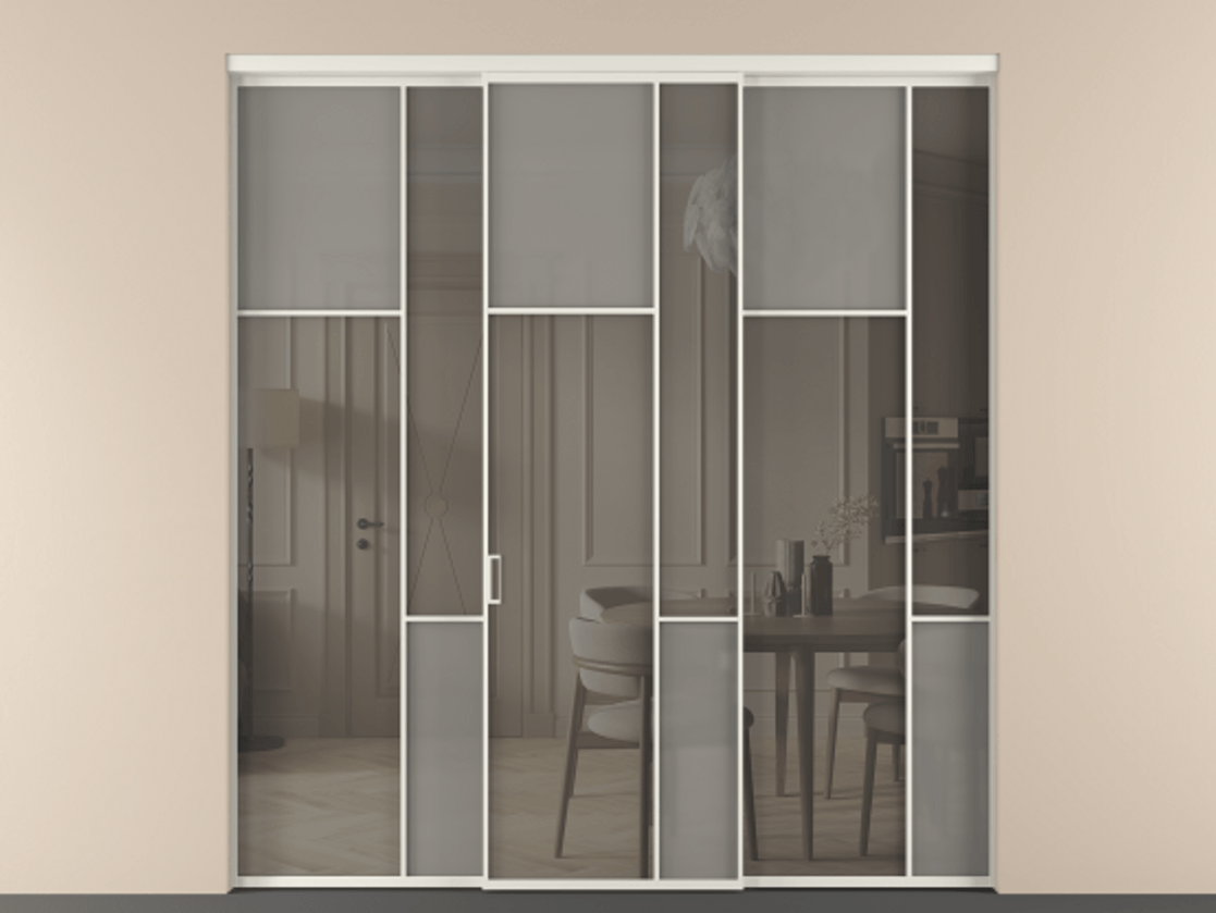 Перегородка Mosaic внутри проёма 3 створки АЛПР 041.10 Алюминий Белый Сатинированное серое стекло, триплекс, 6 мм + Прозрачное серое стекло, триплекс. Скрытый короб БЕЛ Цена 327170 ₽ . Фабрика дверей Волховец 8 (800) 551 43 19 Перегородка Mosaic внутри проёма 3 створки АЛПР 041.10 Алюминий Белый Сатинированное серое стекло, триплекс, 6 мм + Прозрачное серое стекло, триплекс Цена 327170 ₽ | Volhovec