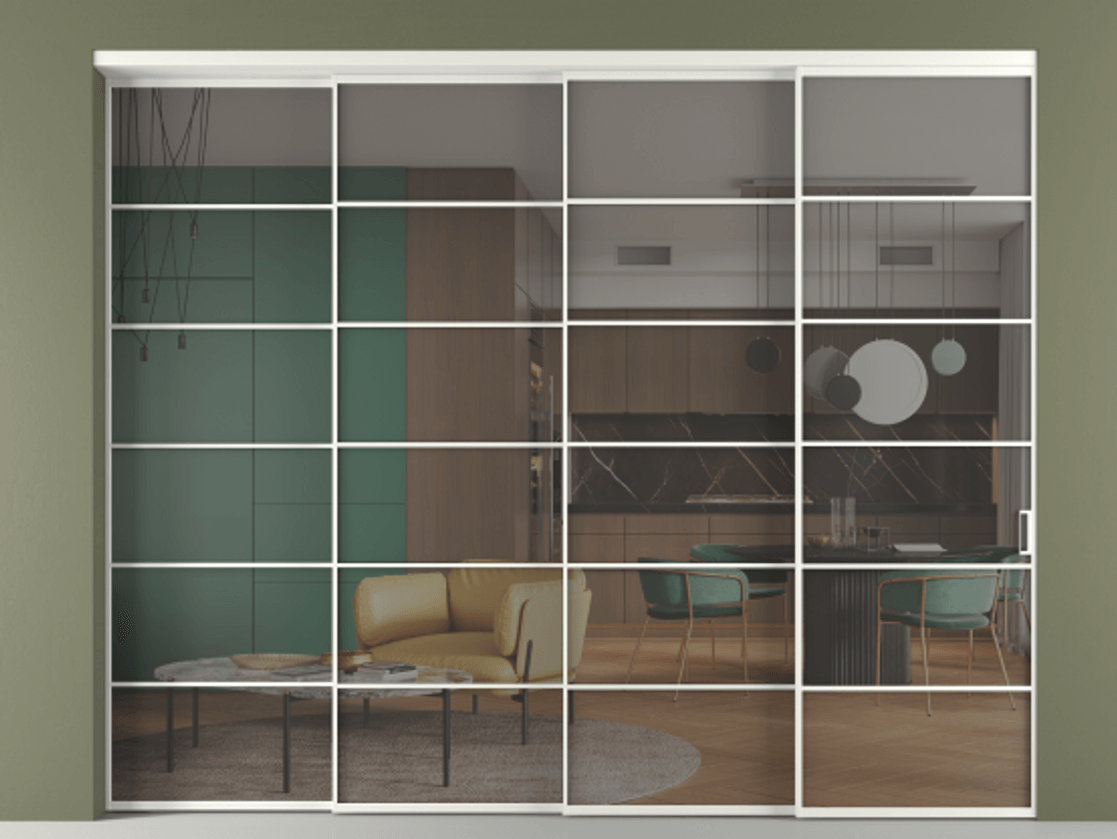 Перегородка Формато внутри проёма 4 створки с синхронным механизмом АЛПР 040.04 Алюминий светло-серый Прозрачное серое стекло, триплекс. Цена 3295660 AMD 1. Полотно 4 шт. (800/2100 мм)
2. Комплект установки раздвижной системы
3. Базовый комплект фурнитуры
4. Комплект фурнитуры телескопик синхро-3
5. Ручка Рондо. Фабрика дверей Волховец 8 (800) 551 43 19 Перегородка Формато внутри проёма 4 створки с синхронным механизмом АЛПР 040.04 Алюминий светло-серый Прозрачное серое стекло, триплекс Цена 3295660 AMD | Volhovec