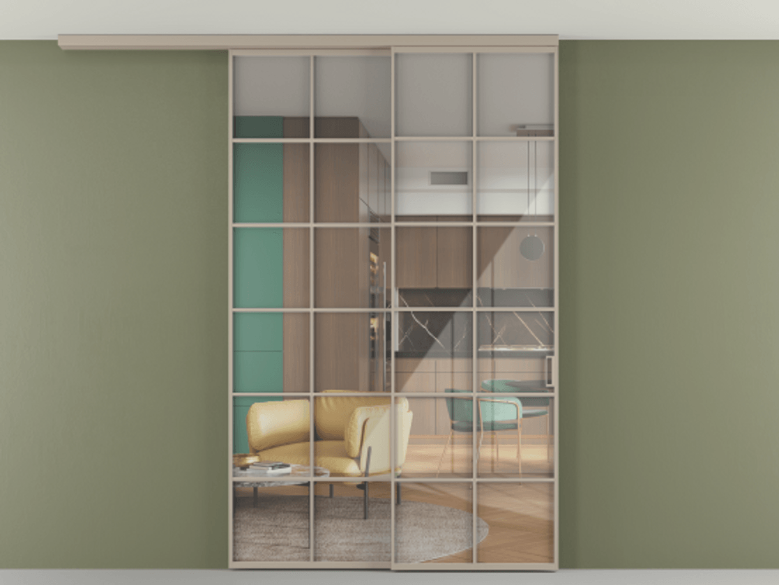 Перегородка Формато вдоль стены на потолок 2 створки с синхронным механизмом АЛПР 040.05 Алюминий бисквитный Рефлективное прозрачное стекло "Стопсол", калёное. Цена 304504 ₽ 1. Полотно 2 шт. (800/2100 мм)
2. Комплект установки раздвижной системы
3. Базовый комплект фурнитуры
4.Ручка Рондо. Фабрика дверей Волховец 8 (800) 551 43 19 Перегородка Формато вдоль стены на потолок 2 створки с синхронным механизмом АЛПР 040.05 Алюминий бисквитный Рефлективное прозрачное стекло "Стопсол", калёное Цена 304504 ₽ | Volhovec