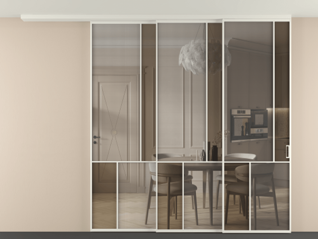 Перегородка Mosaic вдоль стены телескопик синхро 3 АЛПР 041.21 Алюминий Белый Декоративное стекло с сеткой "Mesh silver", триплекс, 6 мм + Прозрачное бронзовое стекло, триплекс. Скрытый короб БЕЛ Цена 465680 ₽ . Фабрика дверей Волховец 8 (800) 551 43 19 Перегородка Mosaic вдоль стены телескопик синхро 3 АЛПР 041.21 Алюминий Белый Декоративное стекло с сеткой "Mesh silver", триплекс, 6 мм + Прозрачное бронзовое стекло, триплекс Цена 465680 ₽ | Volhovec