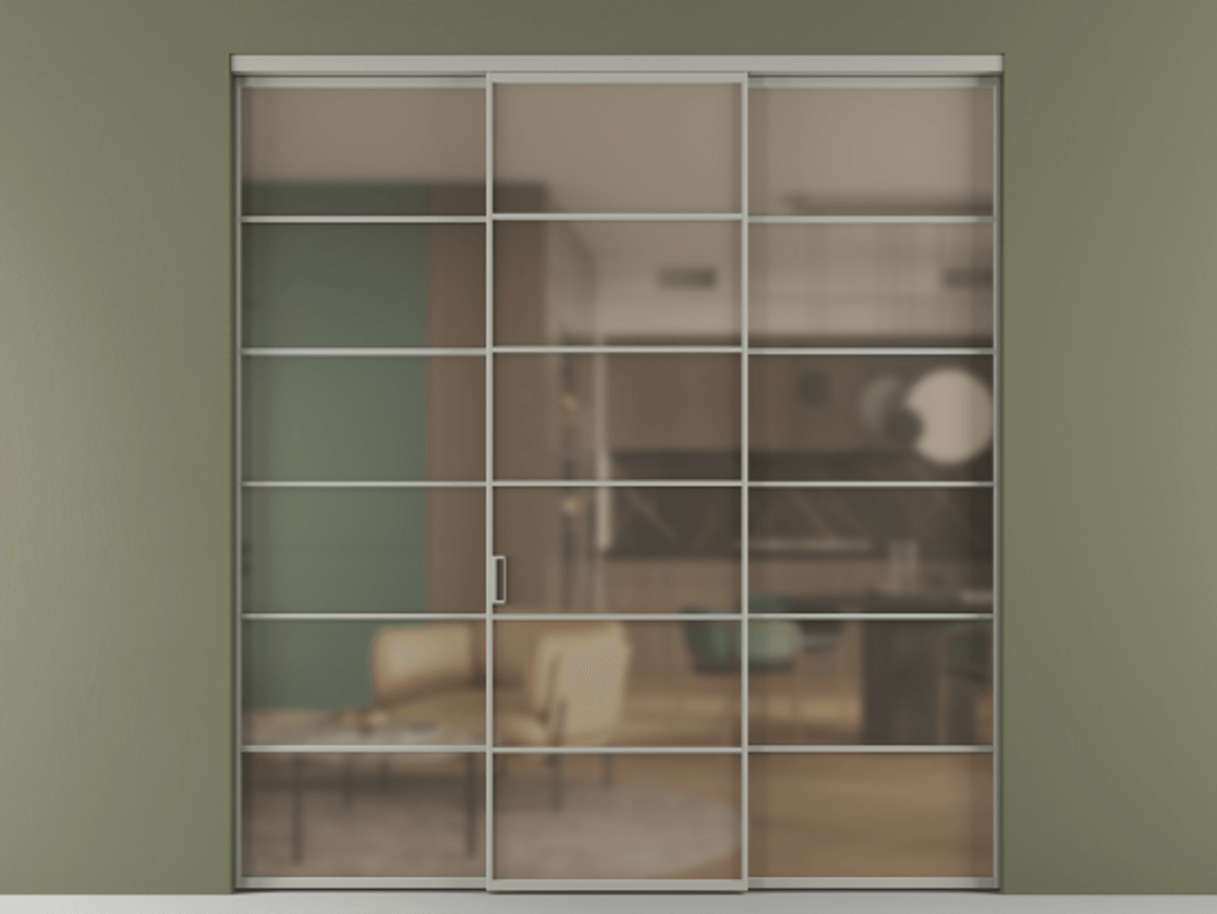 Перегородка Формато внутри проёма 3 створки АЛПР 040.04 Алюминий нейтральный серый Сатинированное бронзовое стекло, триплекс. Цена 254825 ₽ 1. Полотно 3 шт. (800/2100 мм)
2. Комплект установки раздвижной системы
3. Базовый комплект фурнитуры
4.Ручка Рондо. Фабрика дверей Волховец 8 (800) 551 43 19 Перегородка Формато внутри проёма 3 створки АЛПР 040.04 Алюминий нейтральный серый Сатинированное бронзовое стекло, триплекс Цена 254825 ₽ | Volhovec