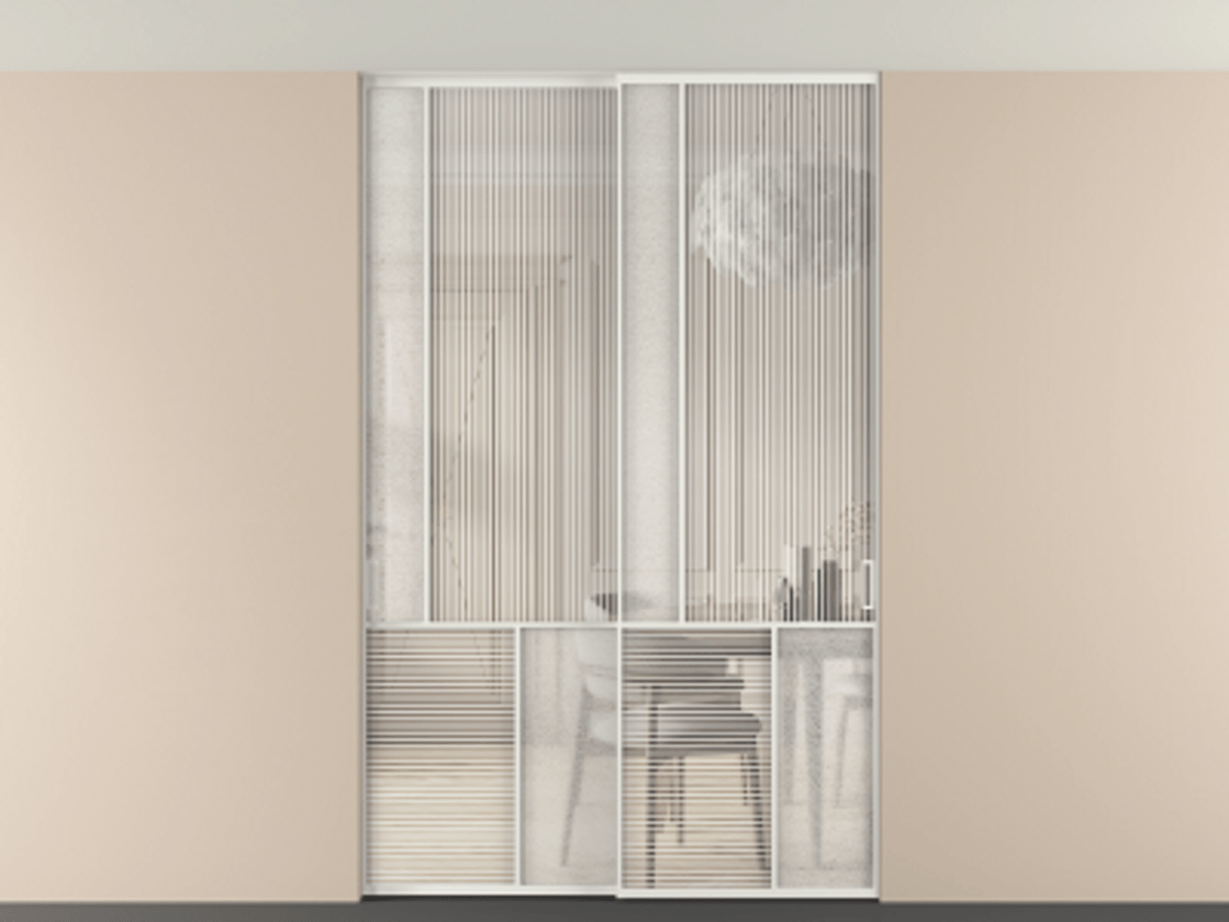 Перегородка Мозаик внутри проёма скрытое крепление в потолок 2 створки АЛПР 041.20 Алюминий светло-серый Рифлёное стекло "Дюна", триплекс, 6 мм + Фактурное стекло "Лёд", триплекс. Цена 340580 ₽ . Фабрика дверей Волховец 8 (800) 551 43 19 Перегородка Мозаик внутри проёма скрытое крепление в потолок 2 створки АЛПР 041.20 Алюминий светло-серый Рифлёное стекло "Дюна", триплекс, 6 мм + Фактурное стекло "Лёд", триплекс Цена 340580 ₽ | Volhovec