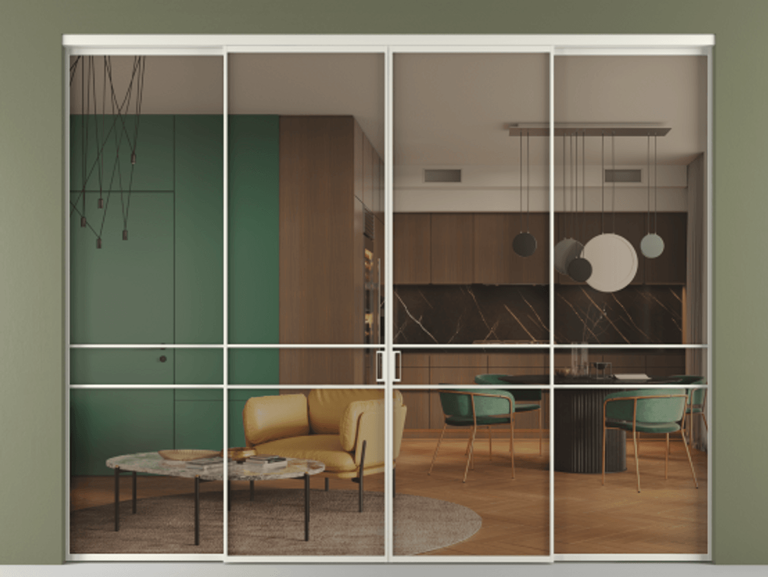 Перегородка Formato внутри проёма 4 створки АЛПР 040.02 Алюминий Белый Прозрачное бронзовое стекло, триплекс. Скрытый короб БЕЛ Цена 324000 ₽ 1. Полотно 4 шт. (800/2100 мм)
2. Комплект установки раздвижной системы
3. Базовый комплект фурнитуры
4.Ручка RONDO. Фабрика дверей Волховец 8 (800) 551 43 19 Перегородка Formato внутри проёма 4 створки АЛПР 040.02 Алюминий Белый Прозрачное бронзовое стекло, триплекс Цена 324000 ₽ | Volhovec