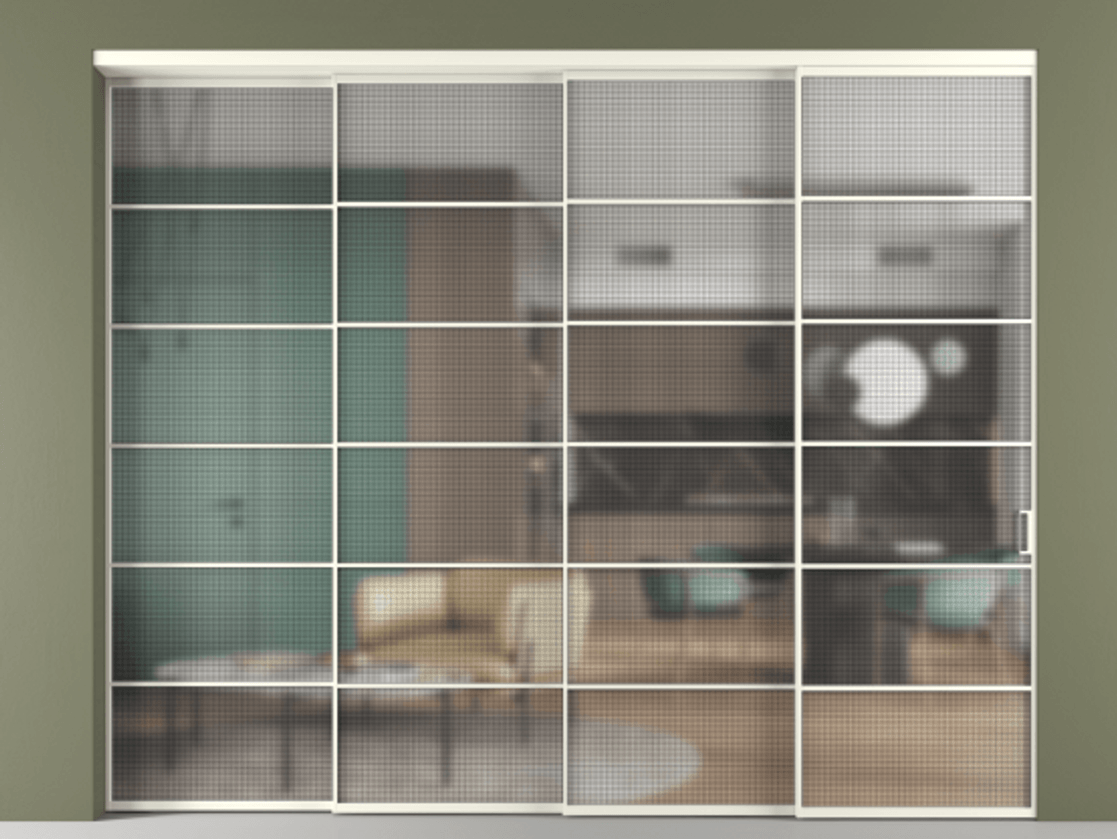 Перегородка Formato внутри проёма телескопик синхро 3 АЛПР 040.04 Алюминий жемчужный Декоративное стекло с сеткой "Mesh silver", триплекс, 6 мм. Цена 555500 ₽ 1. Полотно 4 шт. (800/2100 мм)
2. Комплект установки раздвижной системы
3. Базовый комплект фурнитуры
4. Комплект фурнитуры телескопик синхро-3
5. Ручка RONDO
. Фабрика дверей Волховец 8 (800) 551 43 19 Перегородка Formato внутри проёма телескопик синхро 3 АЛПР 040.04 Алюминий жемчужный Декоративное стекло с сеткой "Mesh silver", триплекс, 6 мм Цена 555500 ₽ | Volhovec